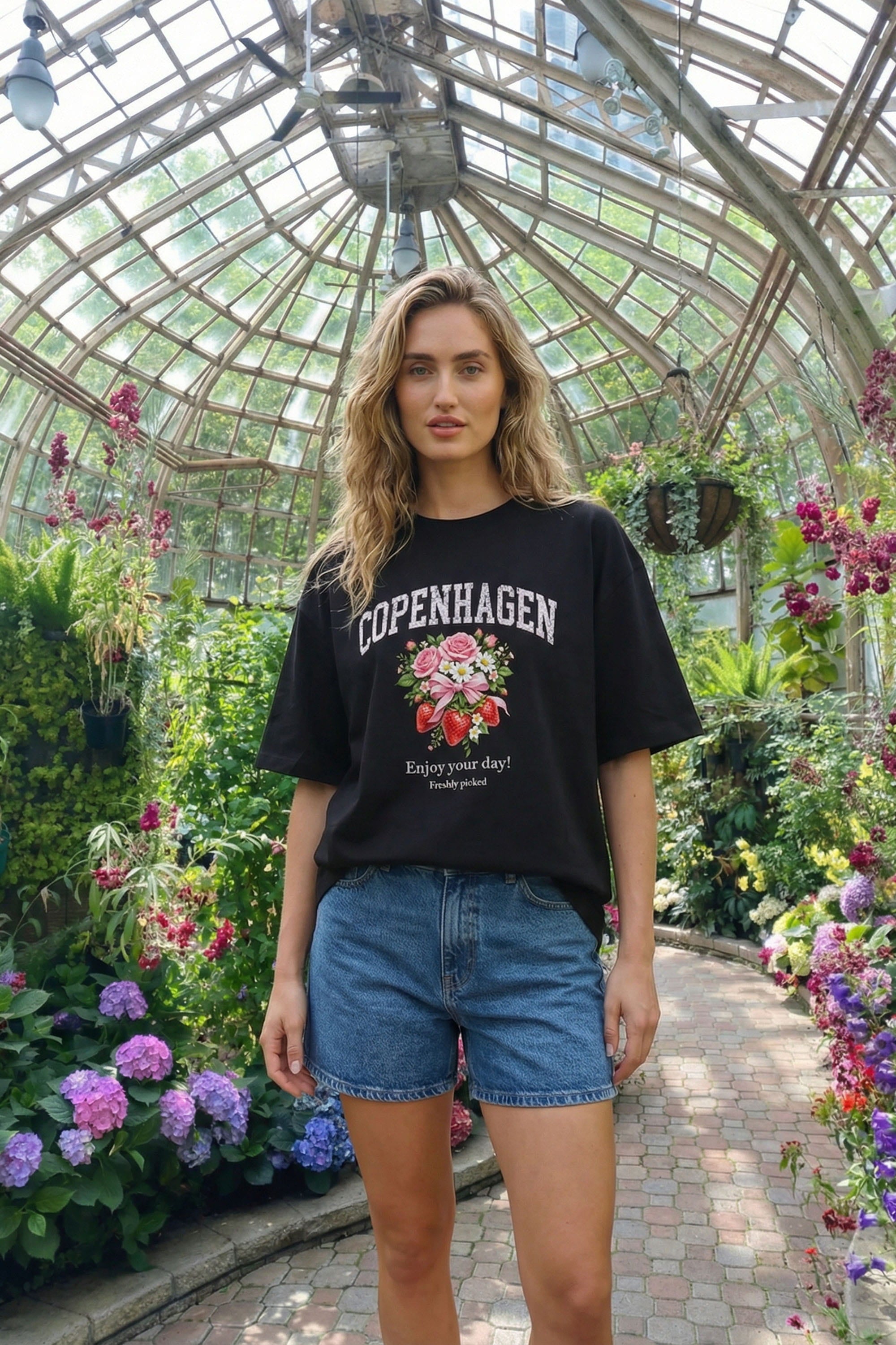 220GSM Oversized T-Shirt in Copenhagen Strawberry Floral Print