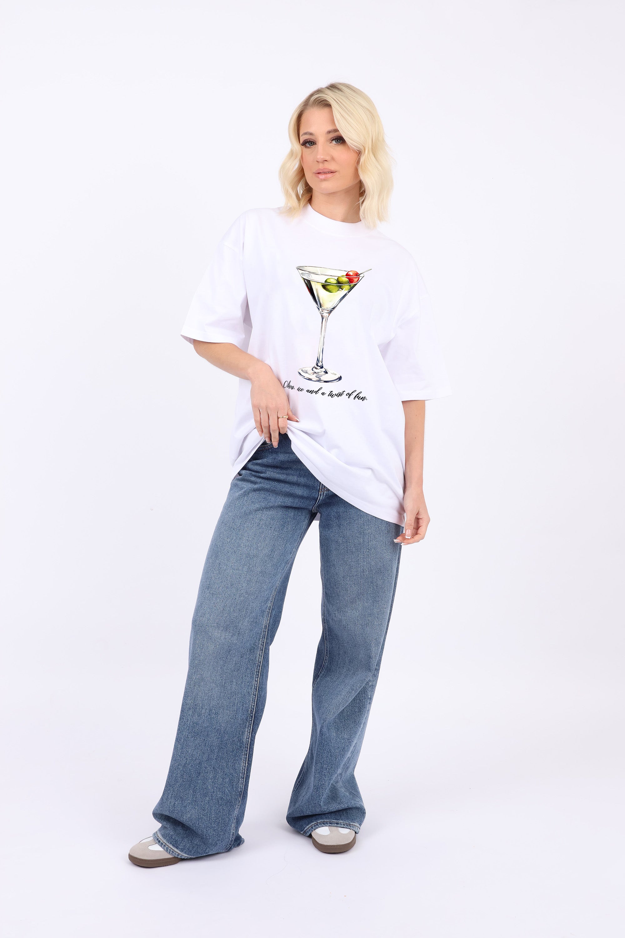 220GSM Oversized T-Shirt In Olive Ice Cocktail Glass Print (Custom Pack)