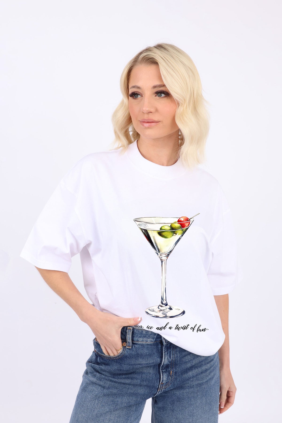 220GSM Oversized T-Shirt In Olive Ice Cocktail Glass Print