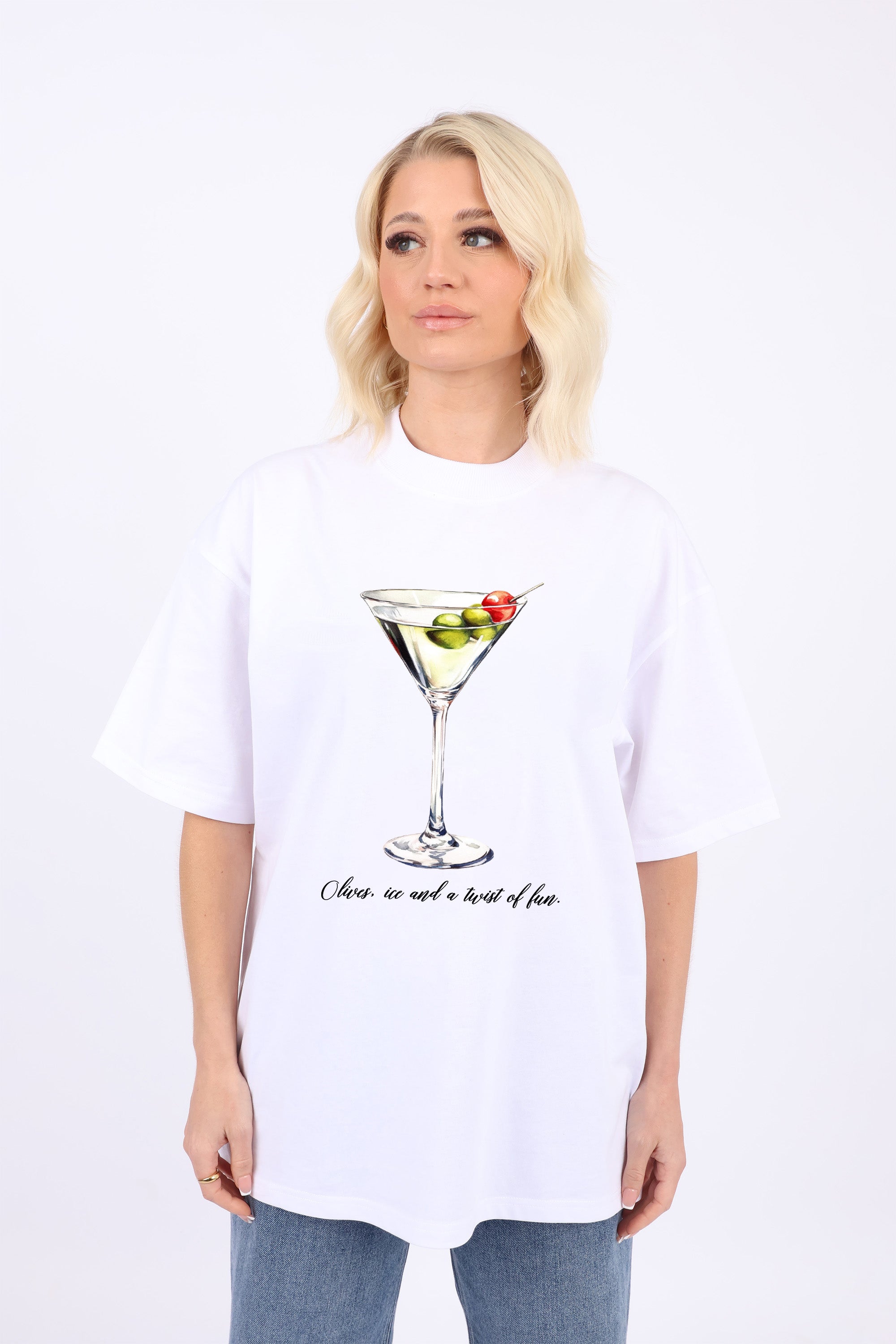 220GSM Oversized T-Shirt In Olive Ice Cocktail Glass Print (Custom Pack)