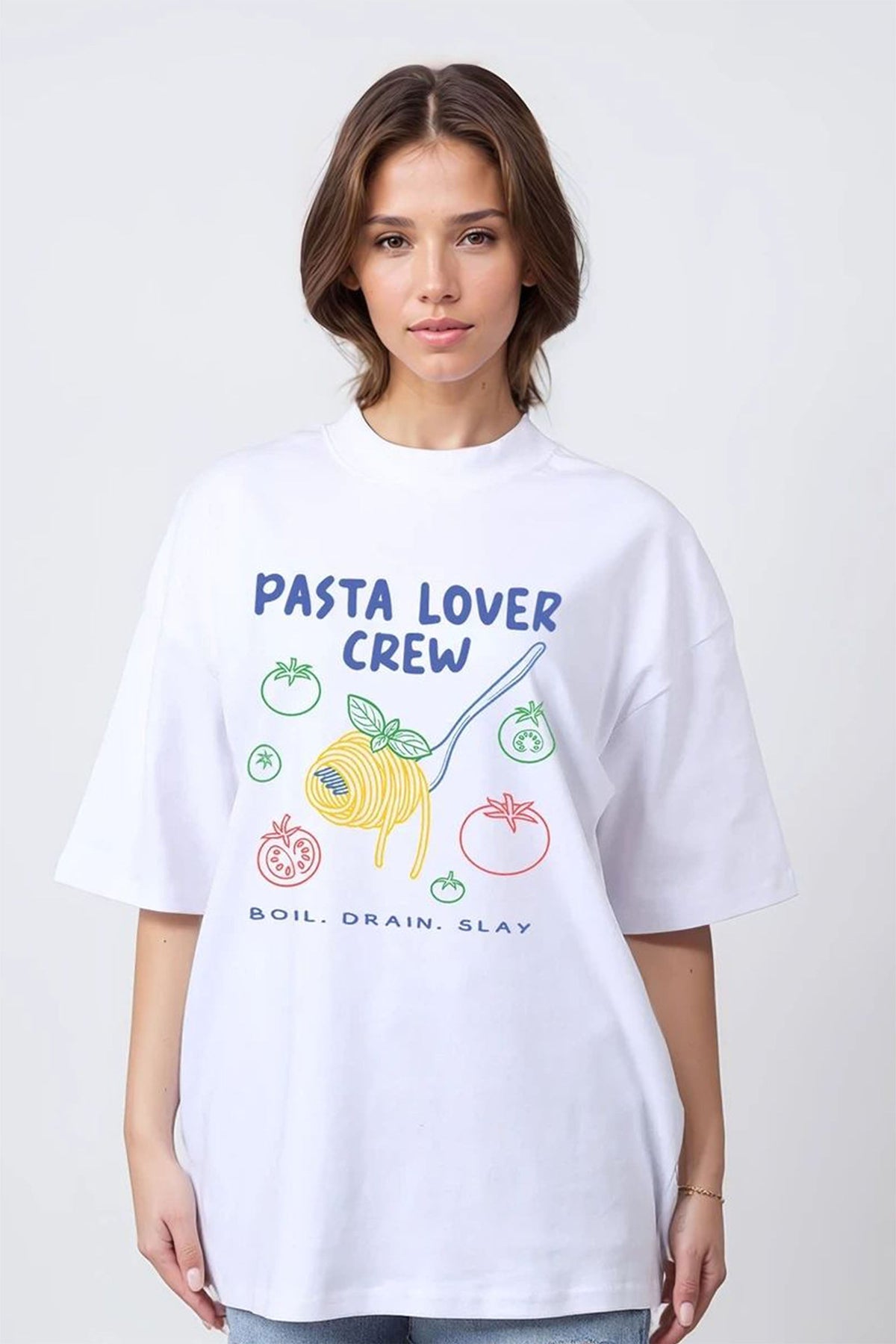 150GSM Oversized T-Shirts in Pasta Lover Crew Print