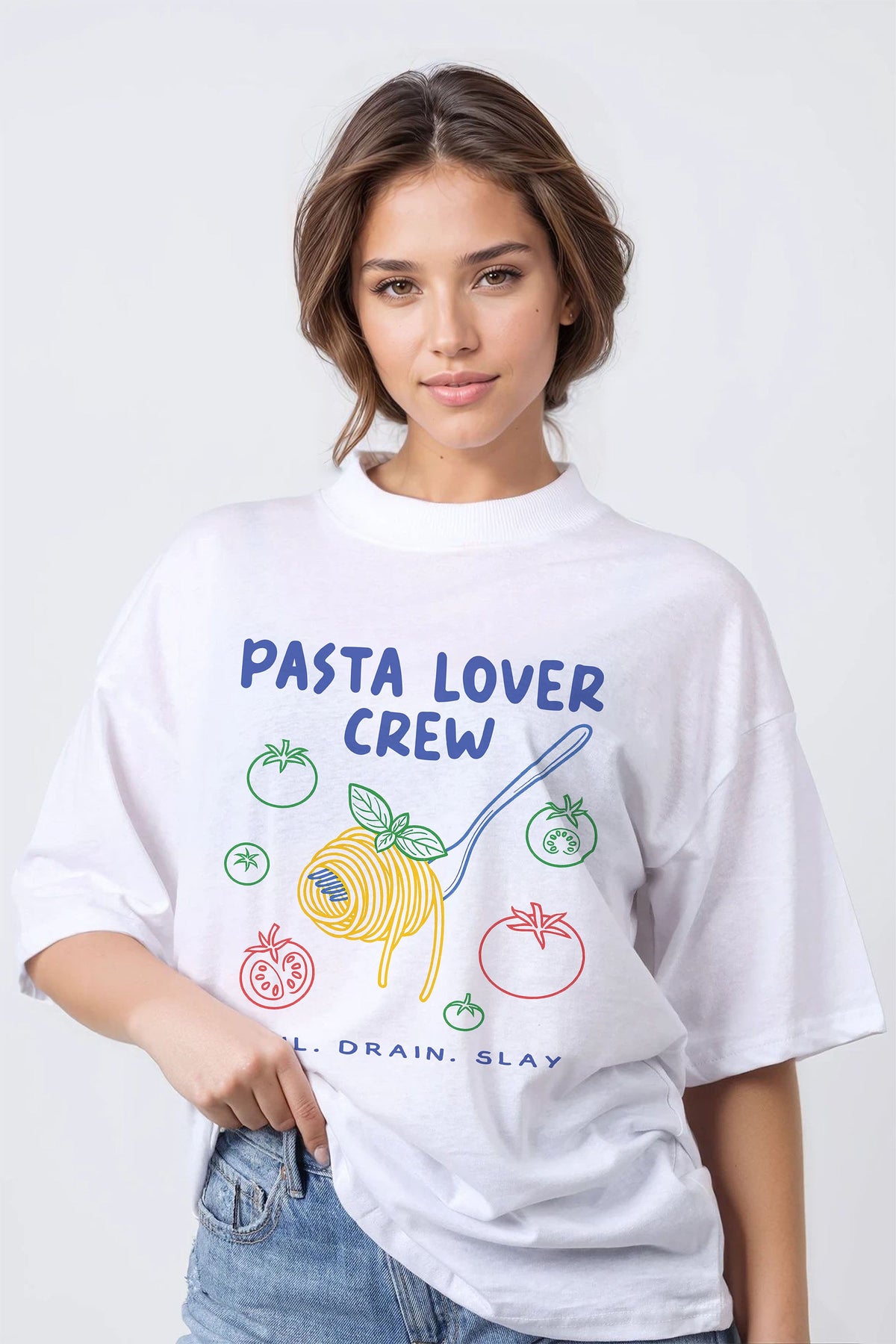 150GSM Oversized T-Shirts in Pasta Lover Crew Print