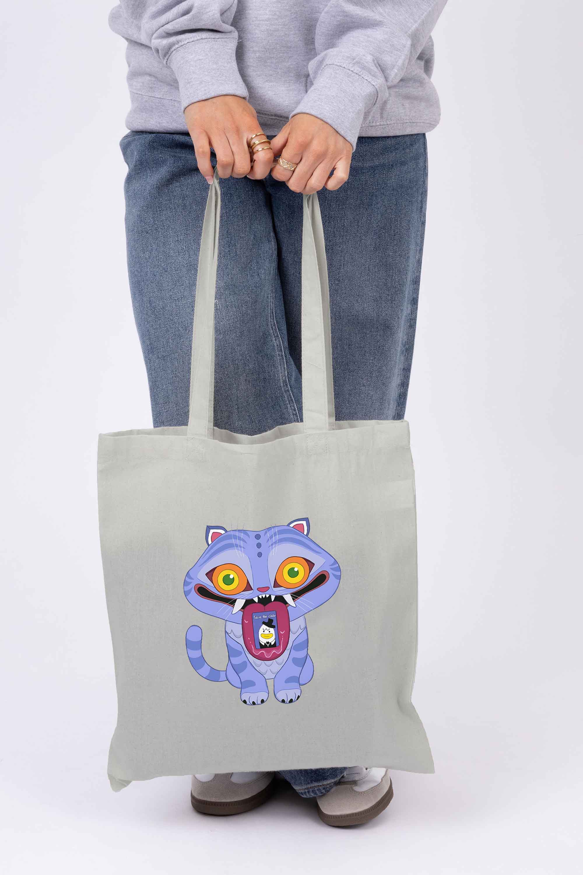 K-Pop Derpy Demon Cat Graphic Printed Cotton Tote Bag