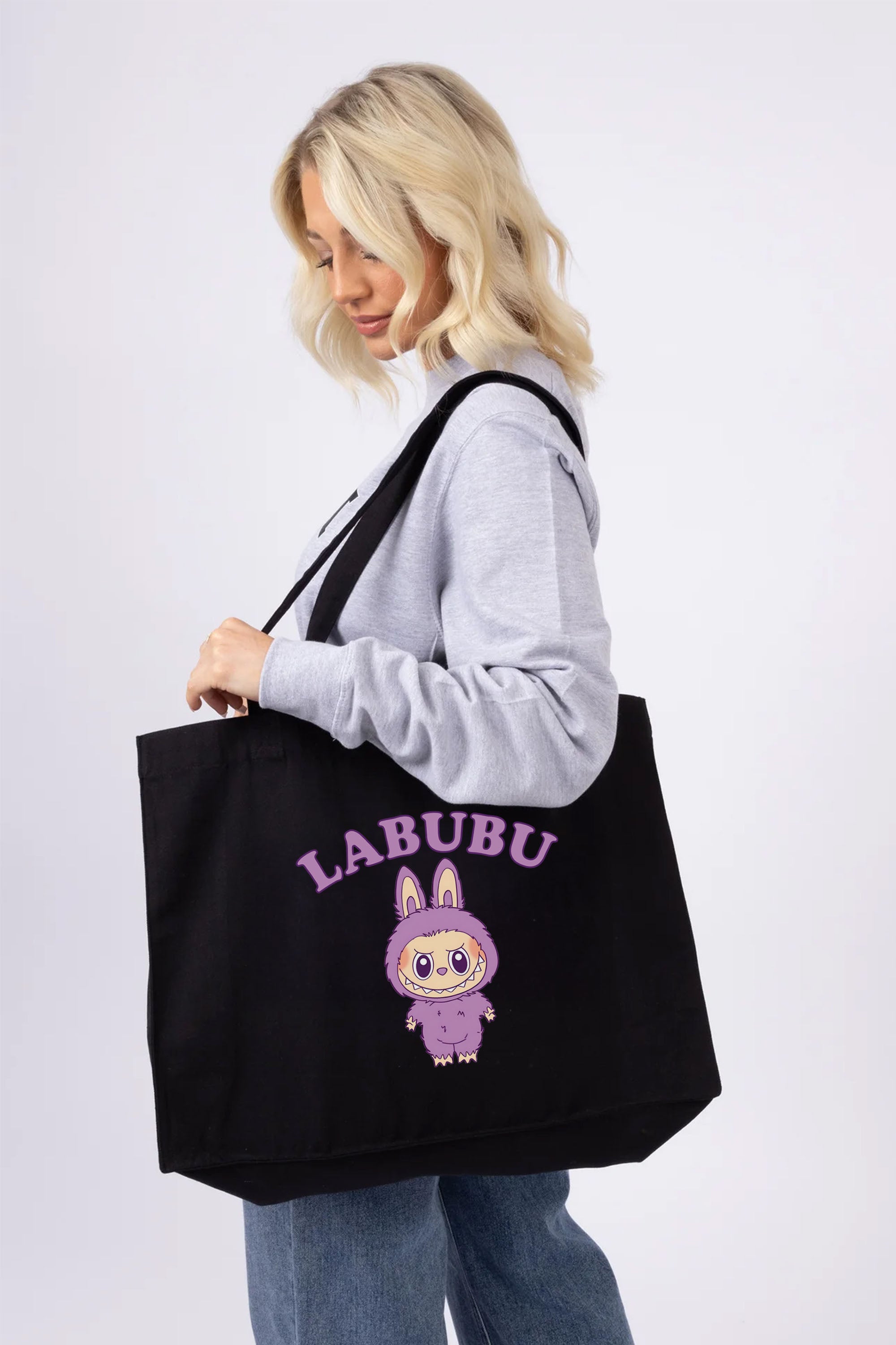 Purple Labubu Printed Woven Shopping Tote Bag