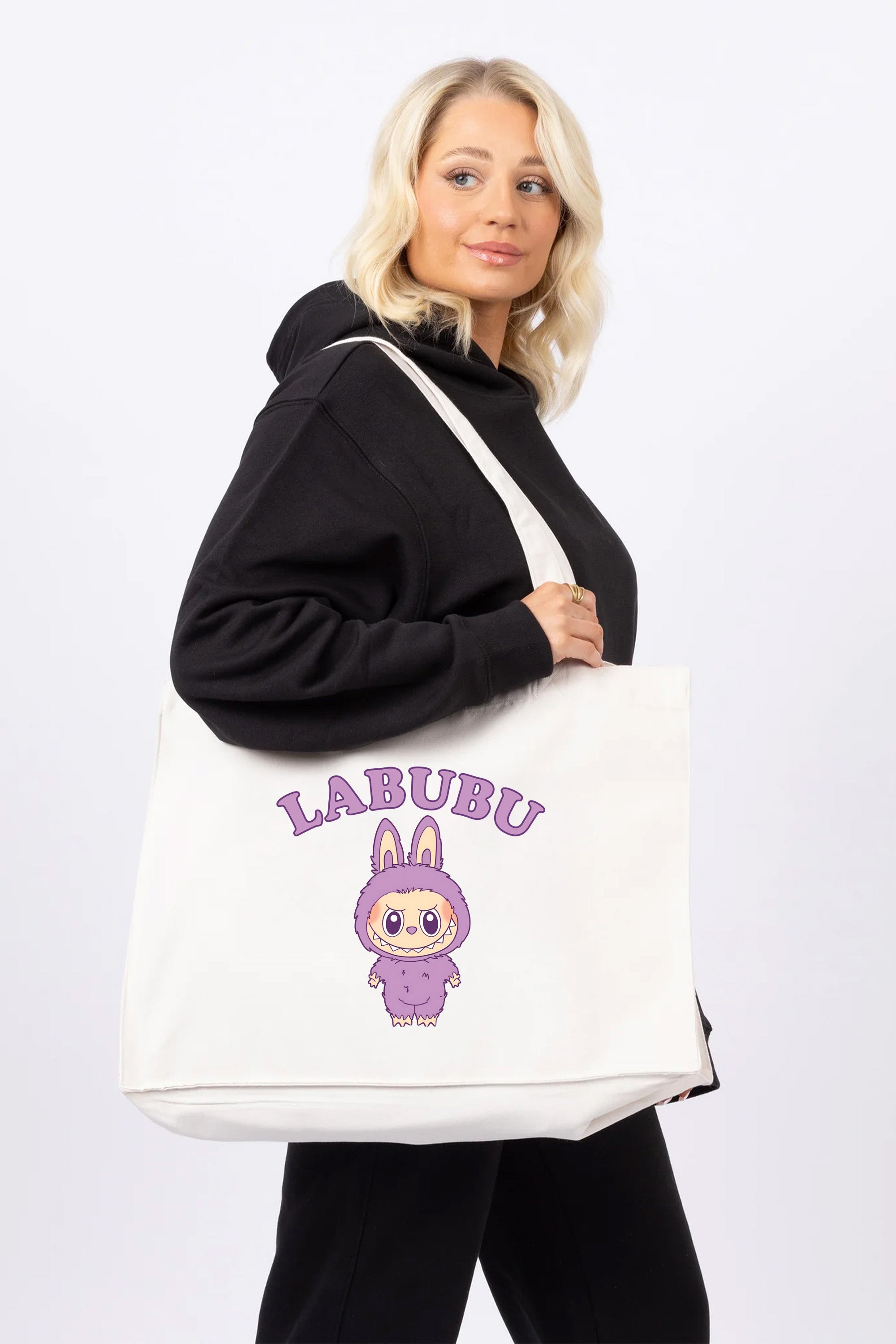 Purple Labubu Printed Woven Shopping Tote Bag
