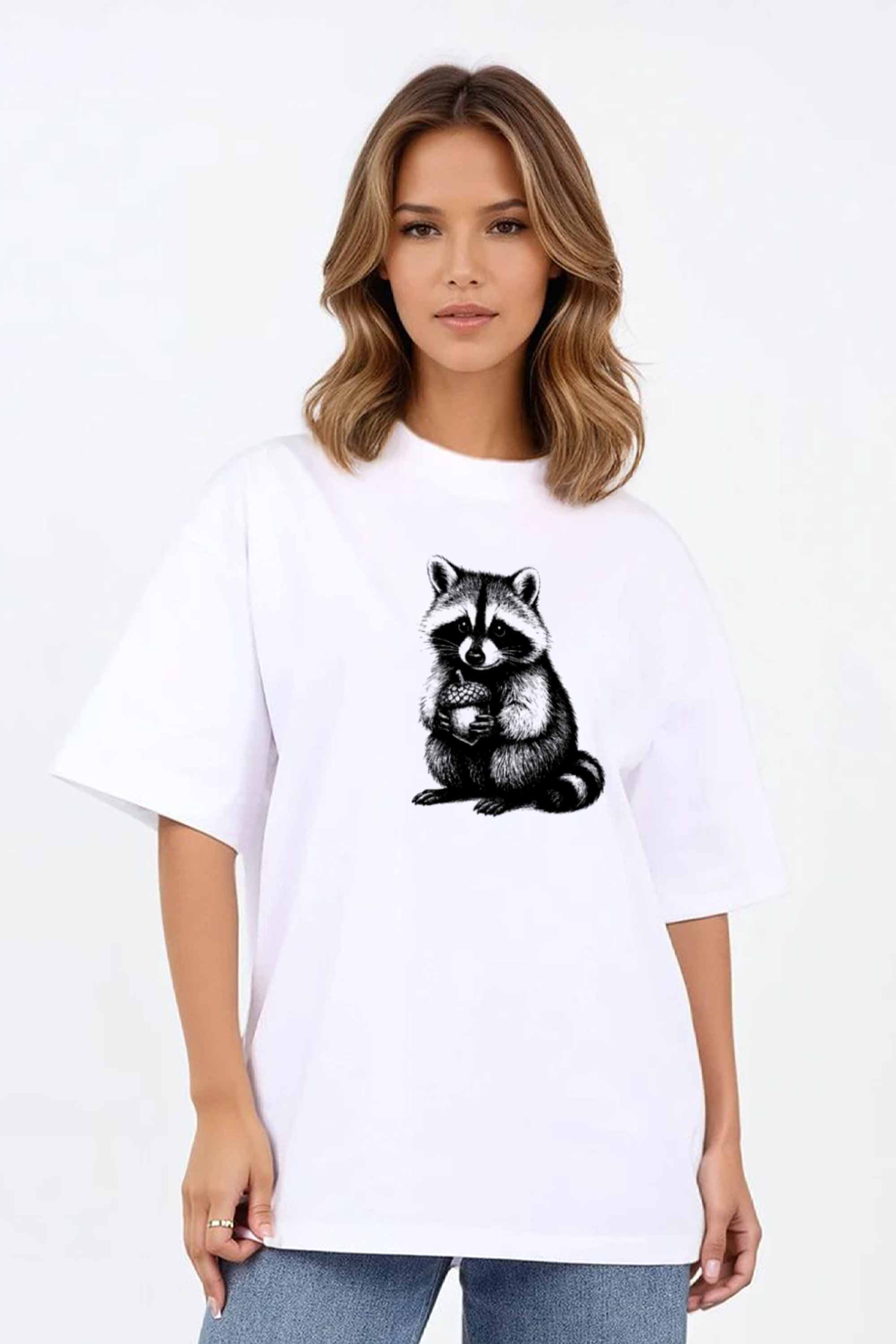 220GSM Oversized T-Shirt in Raccoon Line Art Print