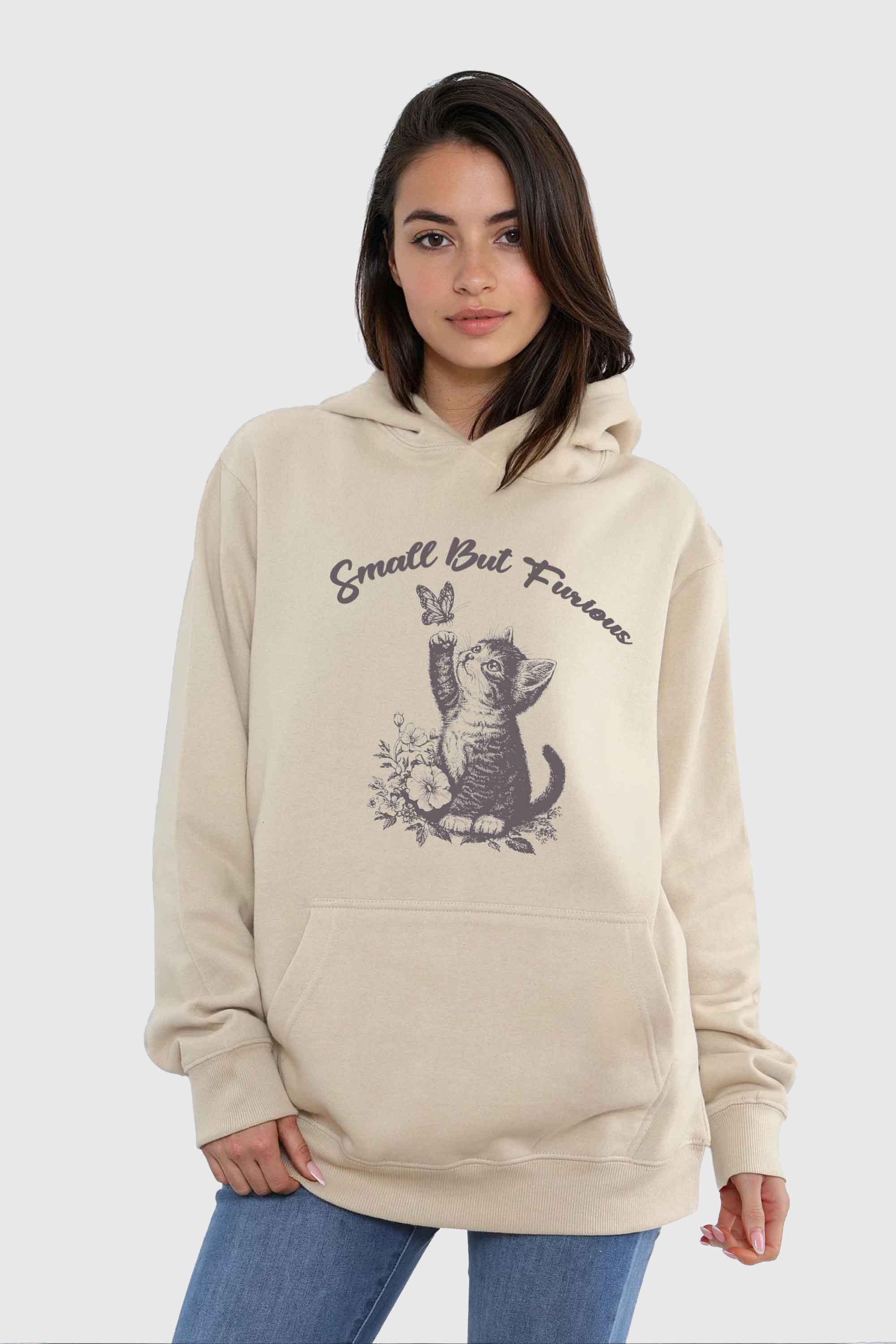 Unisex 280GSM Blended Small But Furious Cat Printed Hoodie
