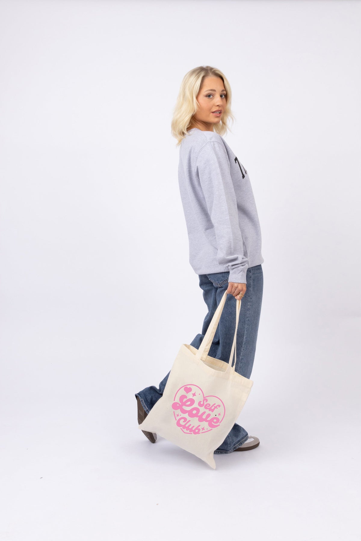 Self Love Club Heart Printed Cotton Long Handle Canvas Bag