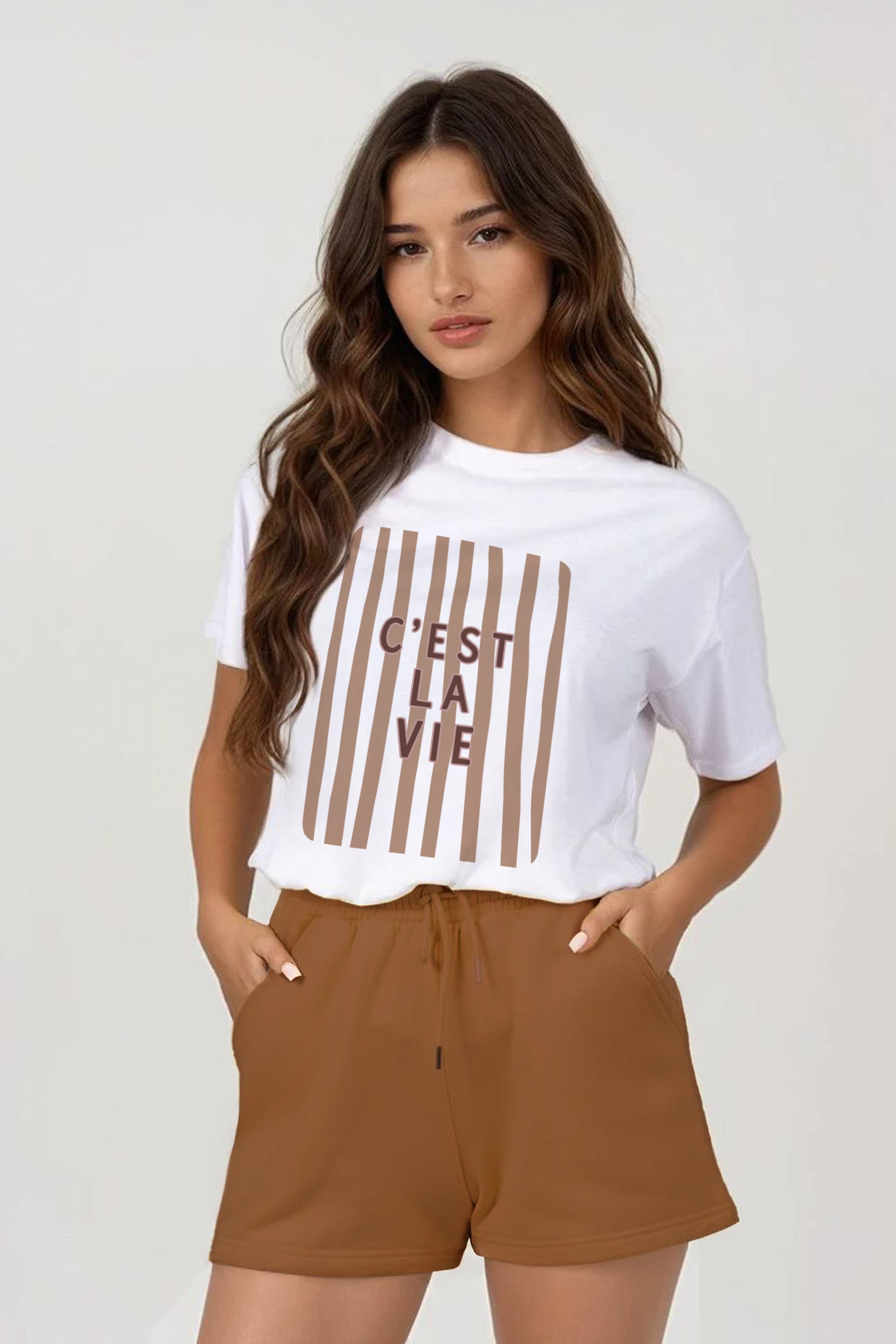 Regular Fit T-shirt LSF Short Sets In Retro C'est La Vie Print (Pack of 4 Sets)