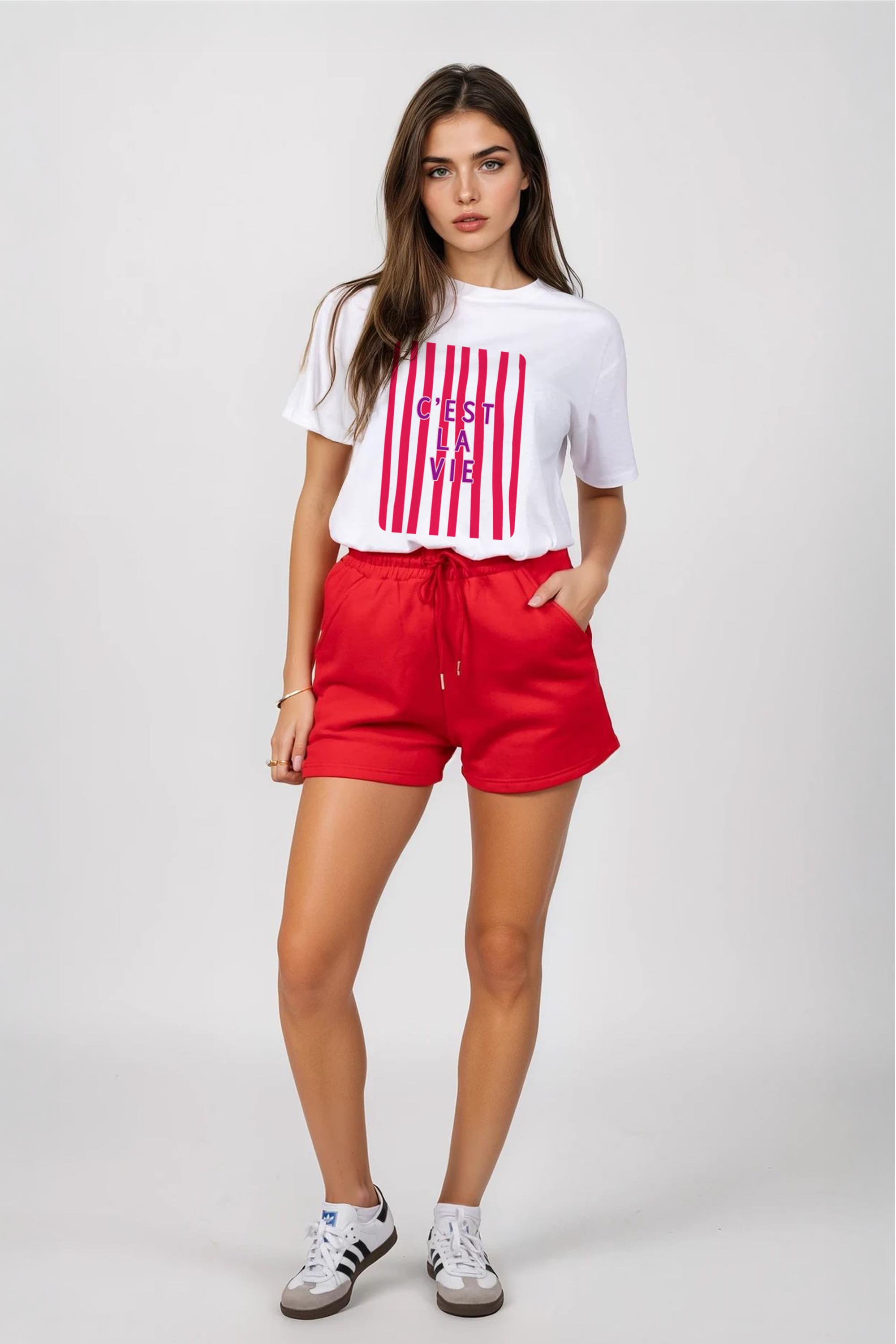 Regular Fit T-shirt LSF Short Sets In Retro C'est La Vie Print (Pack of 4 Sets)