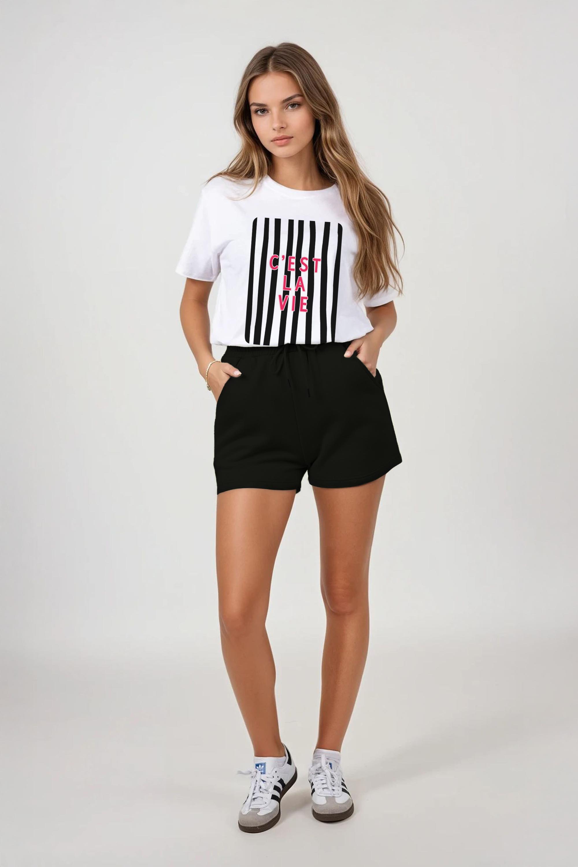 Regular Fit T-shirt LSF Short Sets In Retro C'est La Vie Print (Pack of 4 Sets)