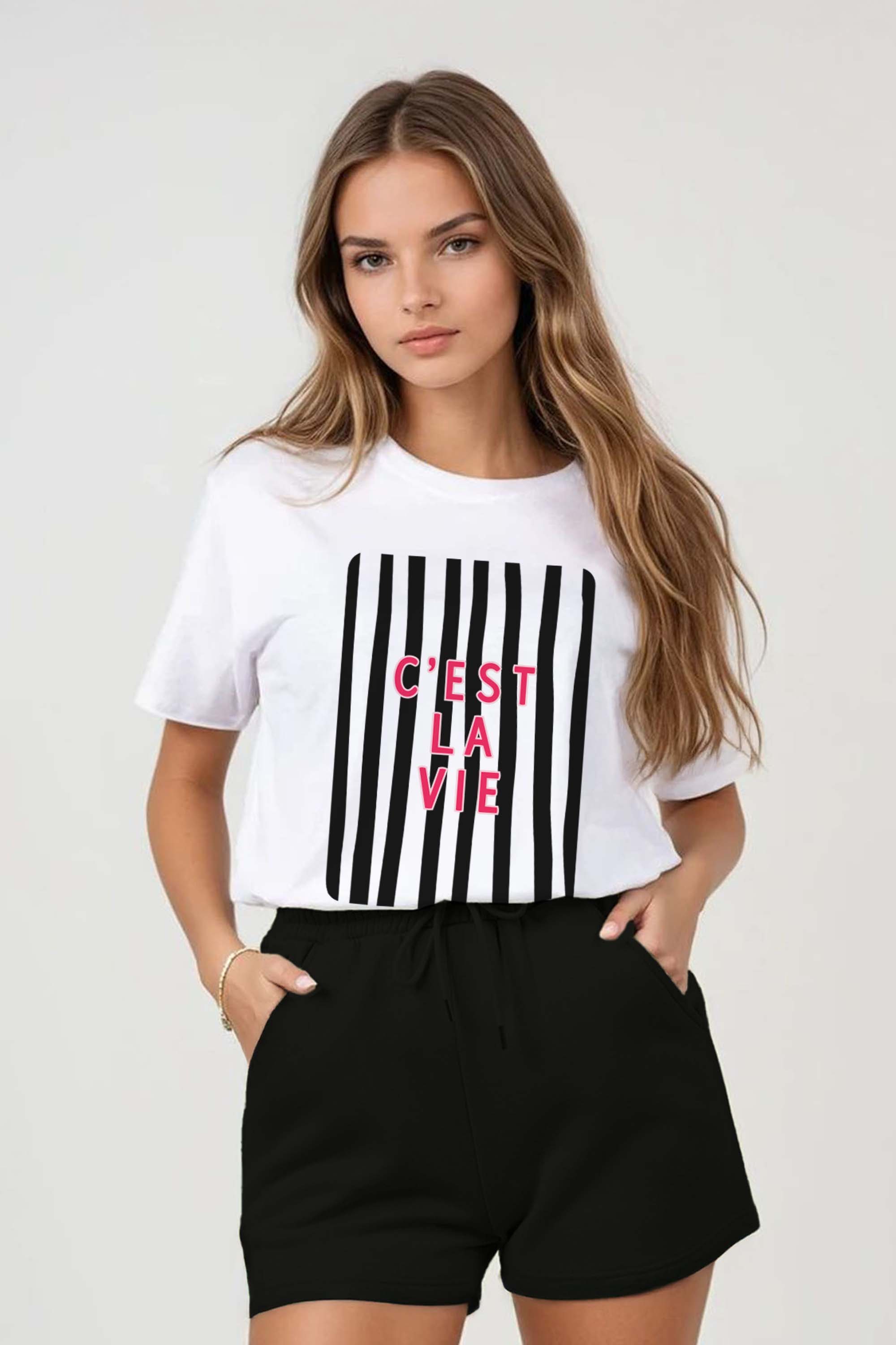 Regular Fit T-shirt LSF Short Sets In Retro C'est La Vie Print (Pack of 4 Sets)