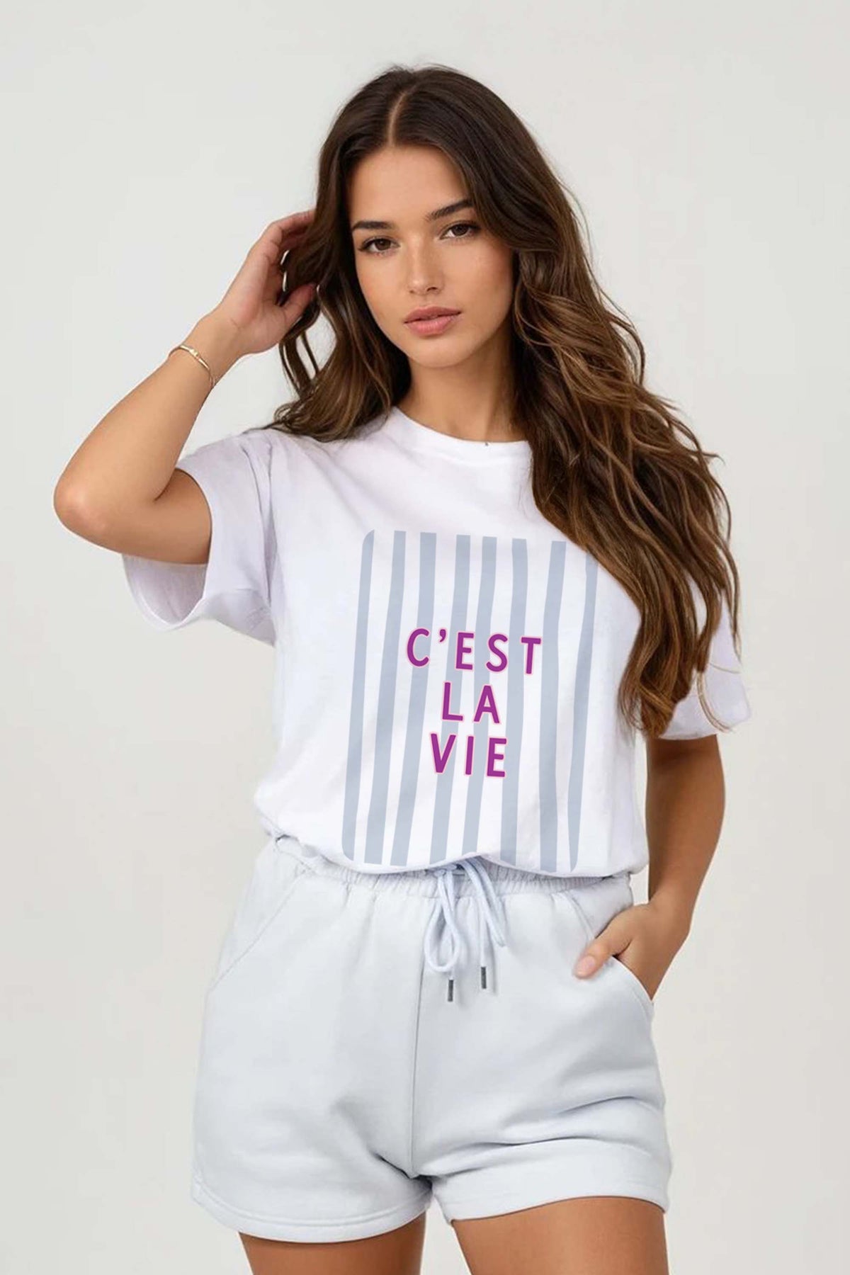 Regular Fit T-shirt LSF Short Sets In Retro C'est La Vie Print (Pack of 4 Sets)