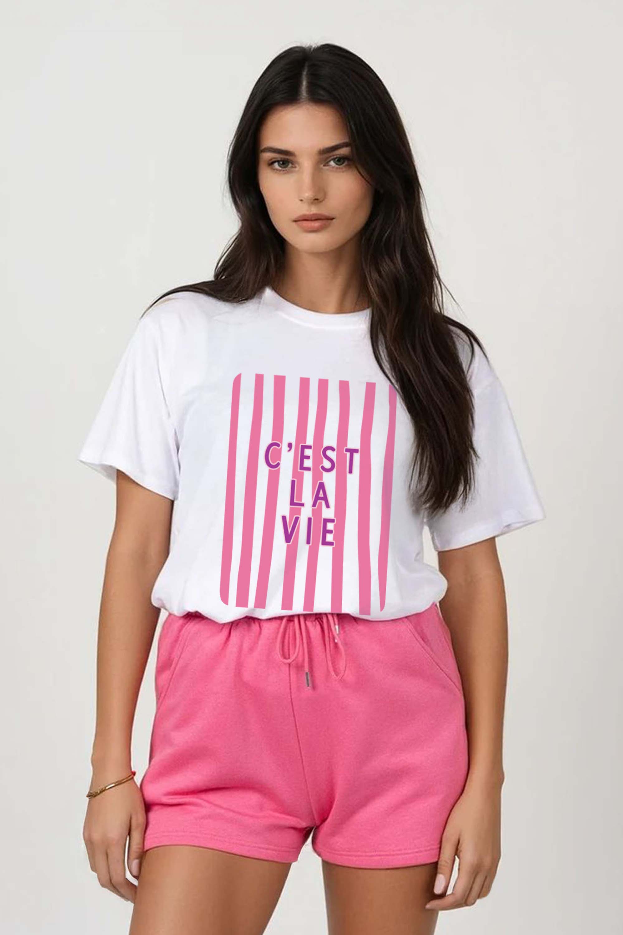 Regular Fit T-shirt LSF Short Sets In Retro C'est La Vie Print (Pack of 4 Sets)