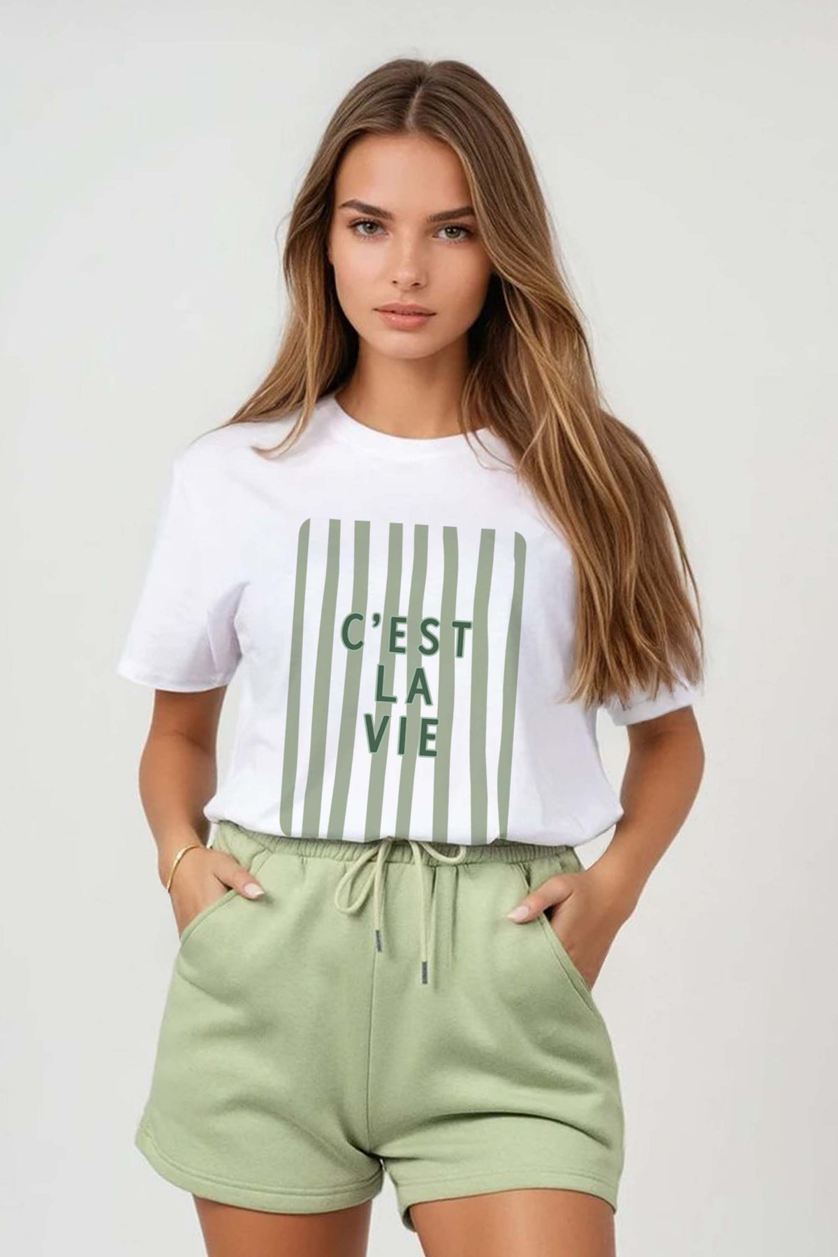 Regular Fit T-shirt LSF Short Sets In Retro C'est La Vie Print (Pack of 4 Sets)