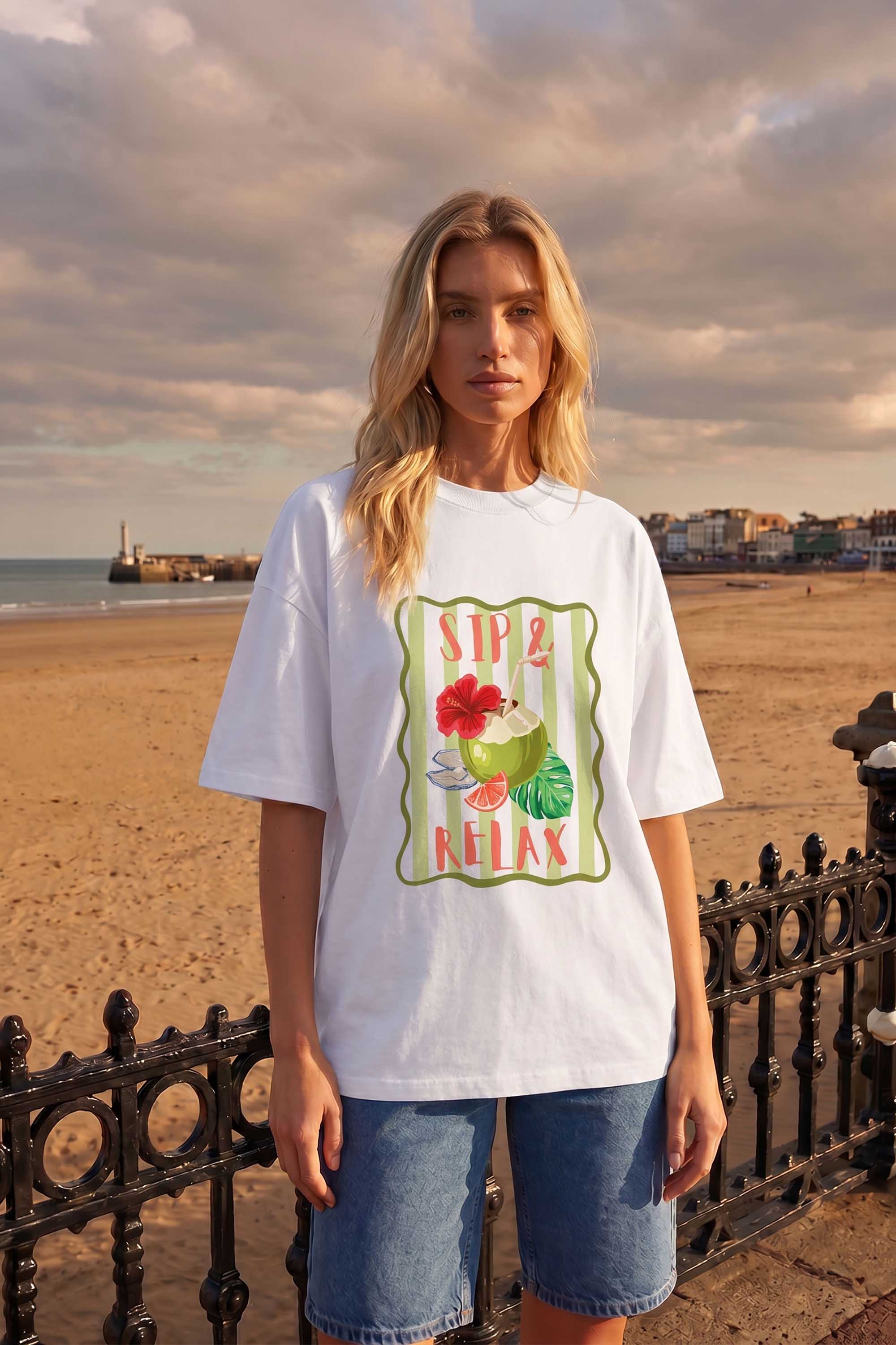 220GSM Oversized T-Shirt in Sip and Relax Print