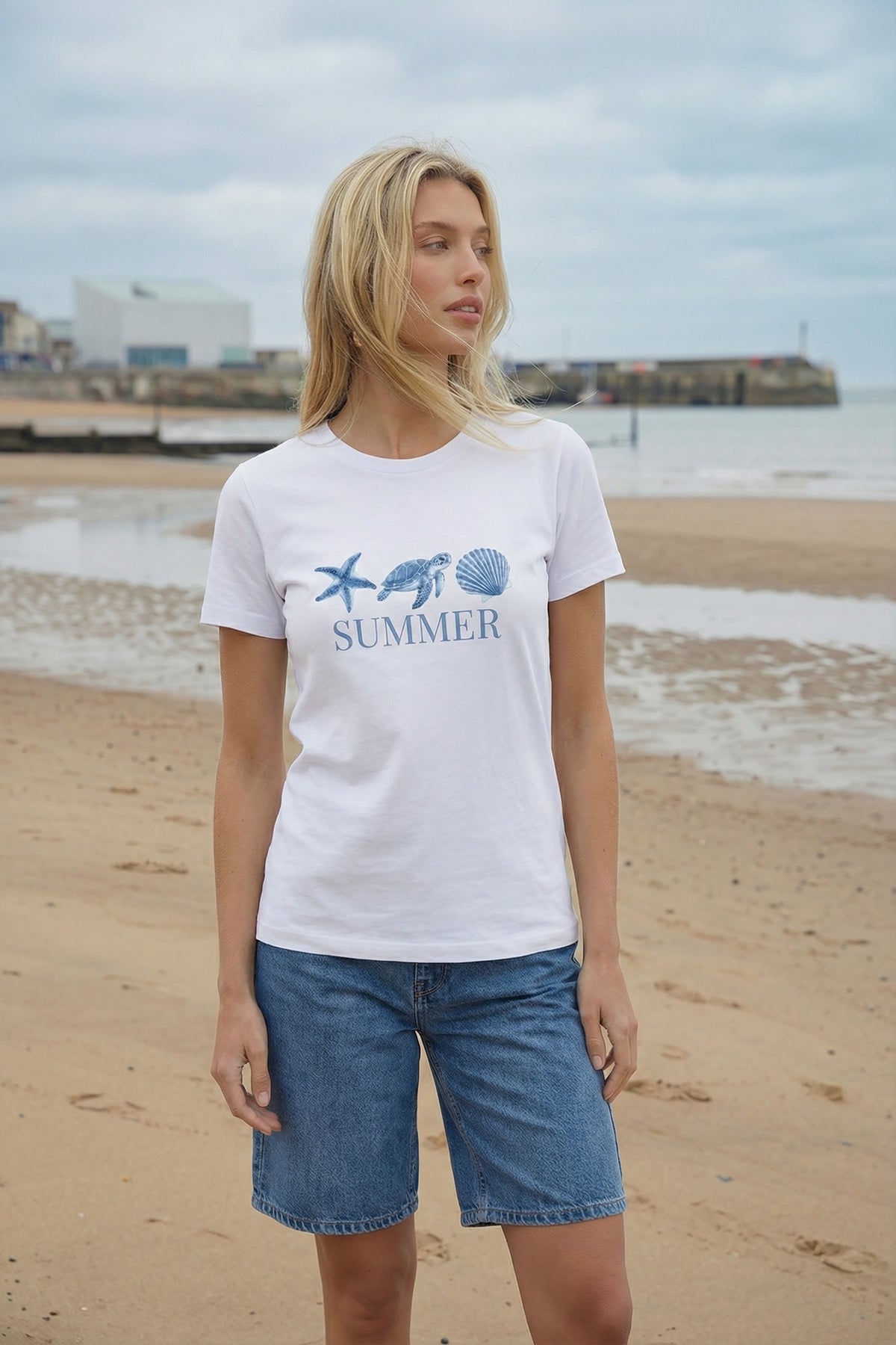 220GSM Regular FIt Summer Sea Shell Turtle Printed T-Shirt