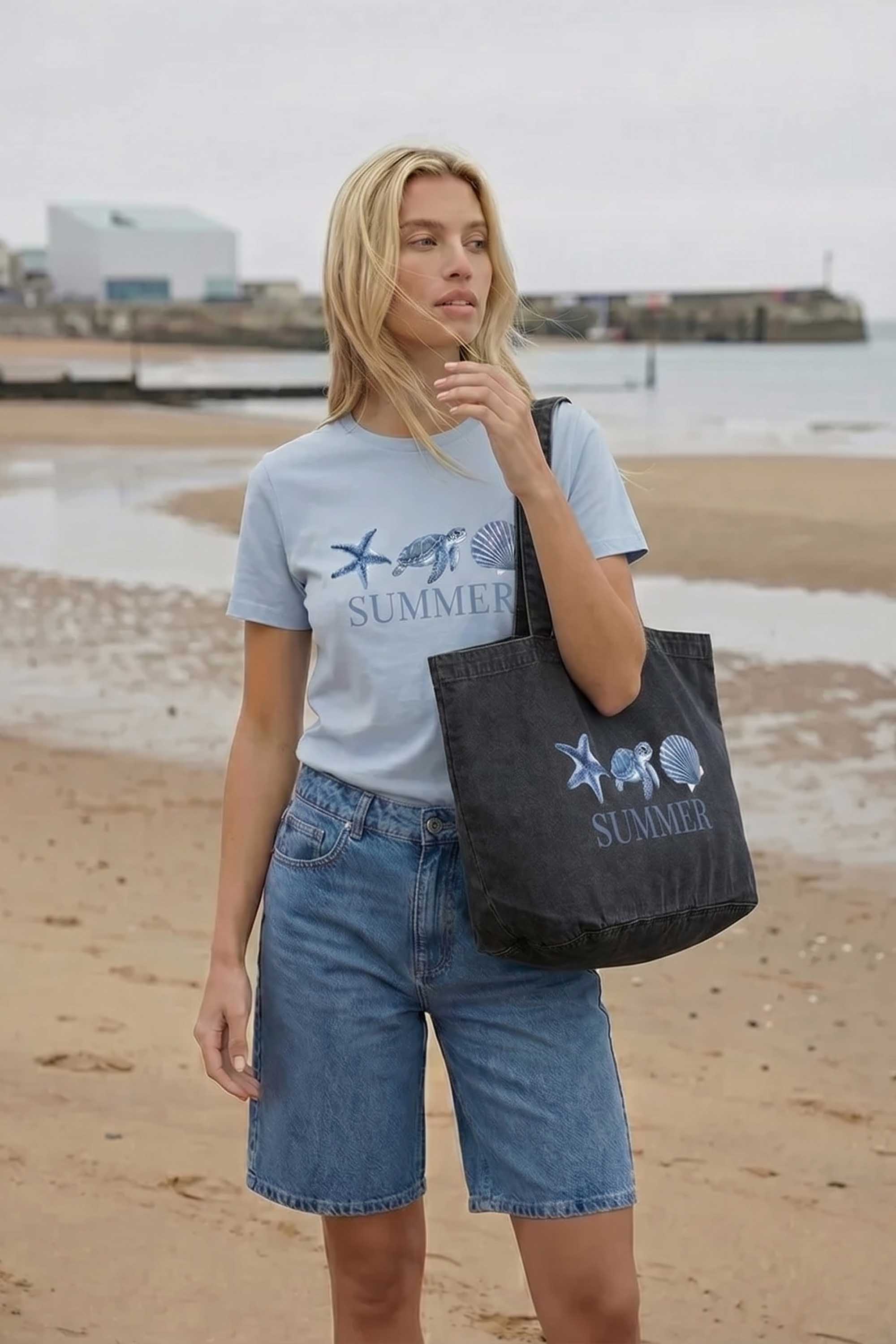 340gsm Acid Washed Oversized Summer Seashell Turtle Printed Cotton Tote Bag