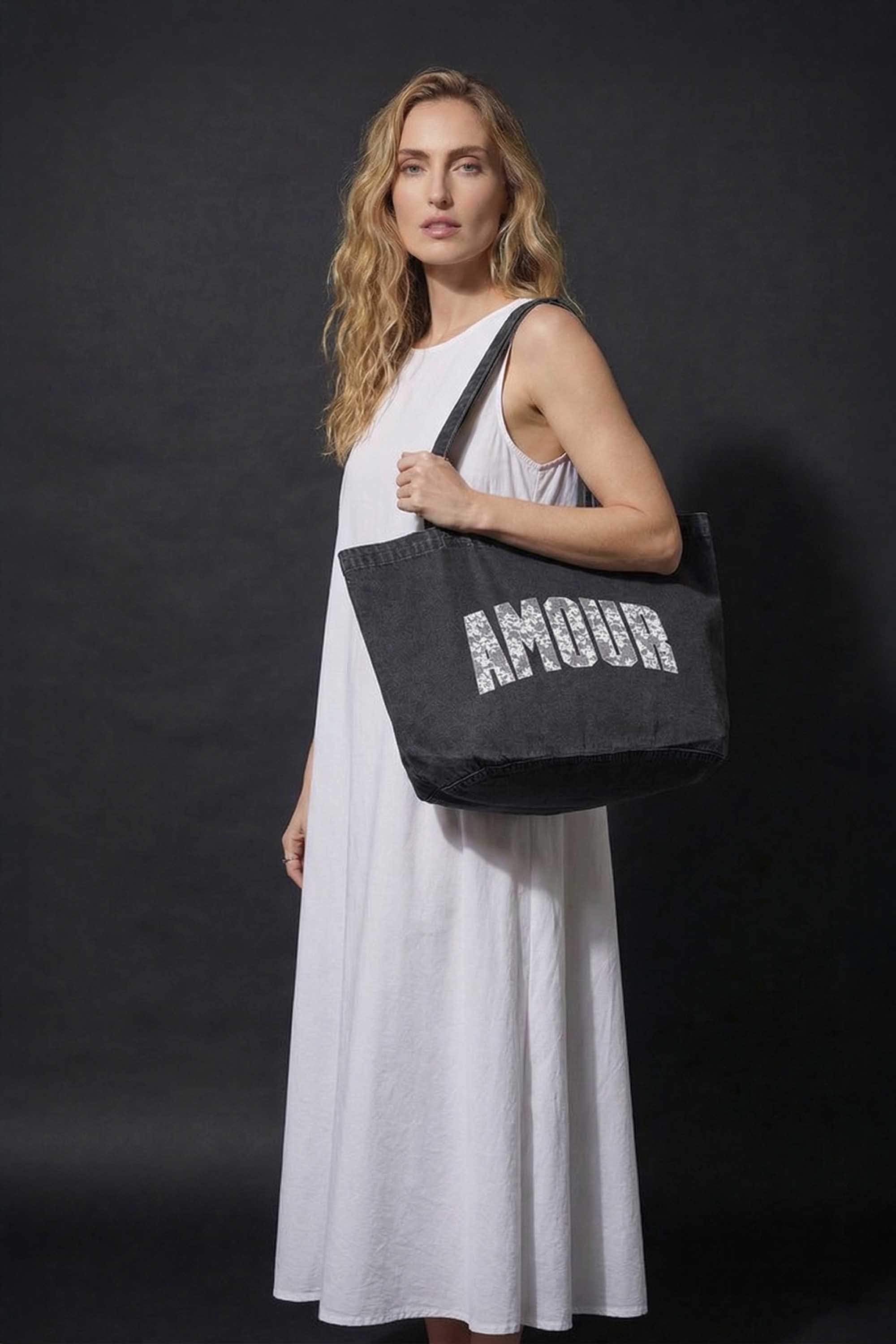 340gsm Acid Washed Oversized Amour Lace Printed Cotton Tote Bag