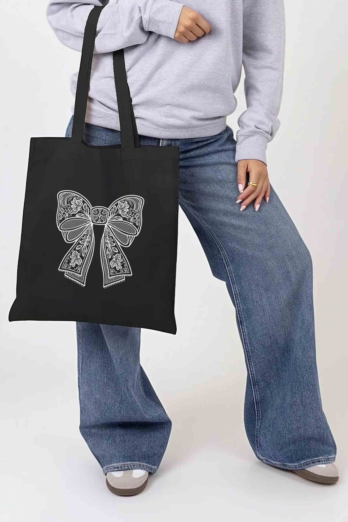 Lace Bow Printed Cotton Tote Bag