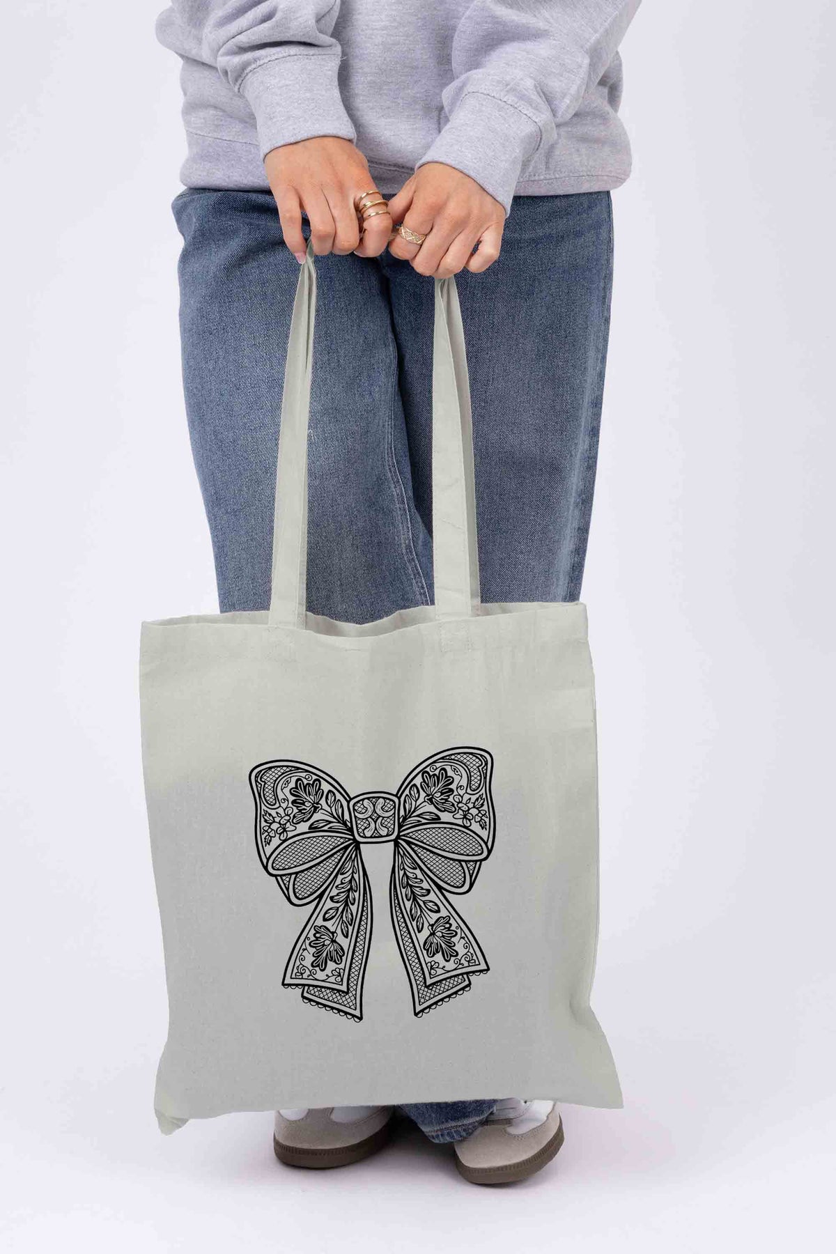 Lace Bow Printed Cotton Tote Bag