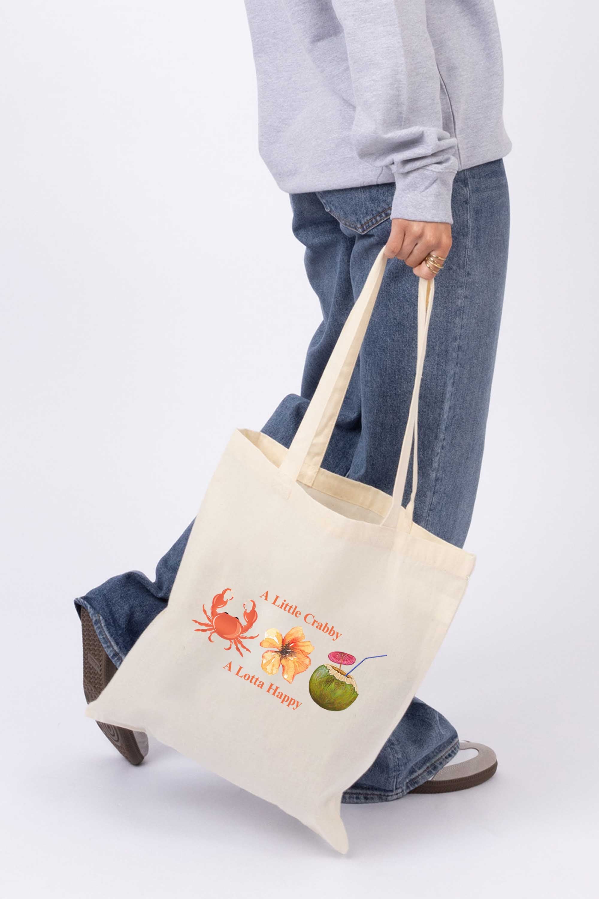 A Little Crabby A Lotta Happy Printed Cotton Tote Bag