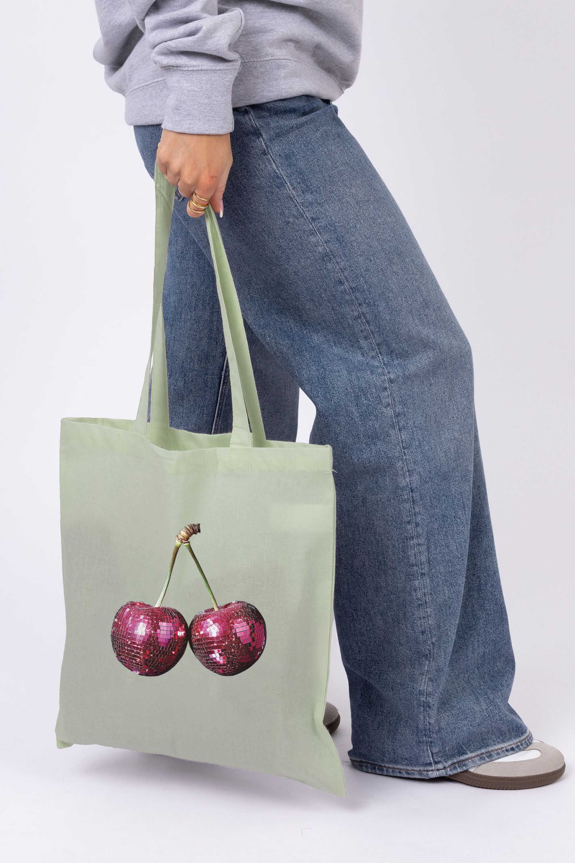 Disco Cherry Graphic Printed Cotton Tote Bag