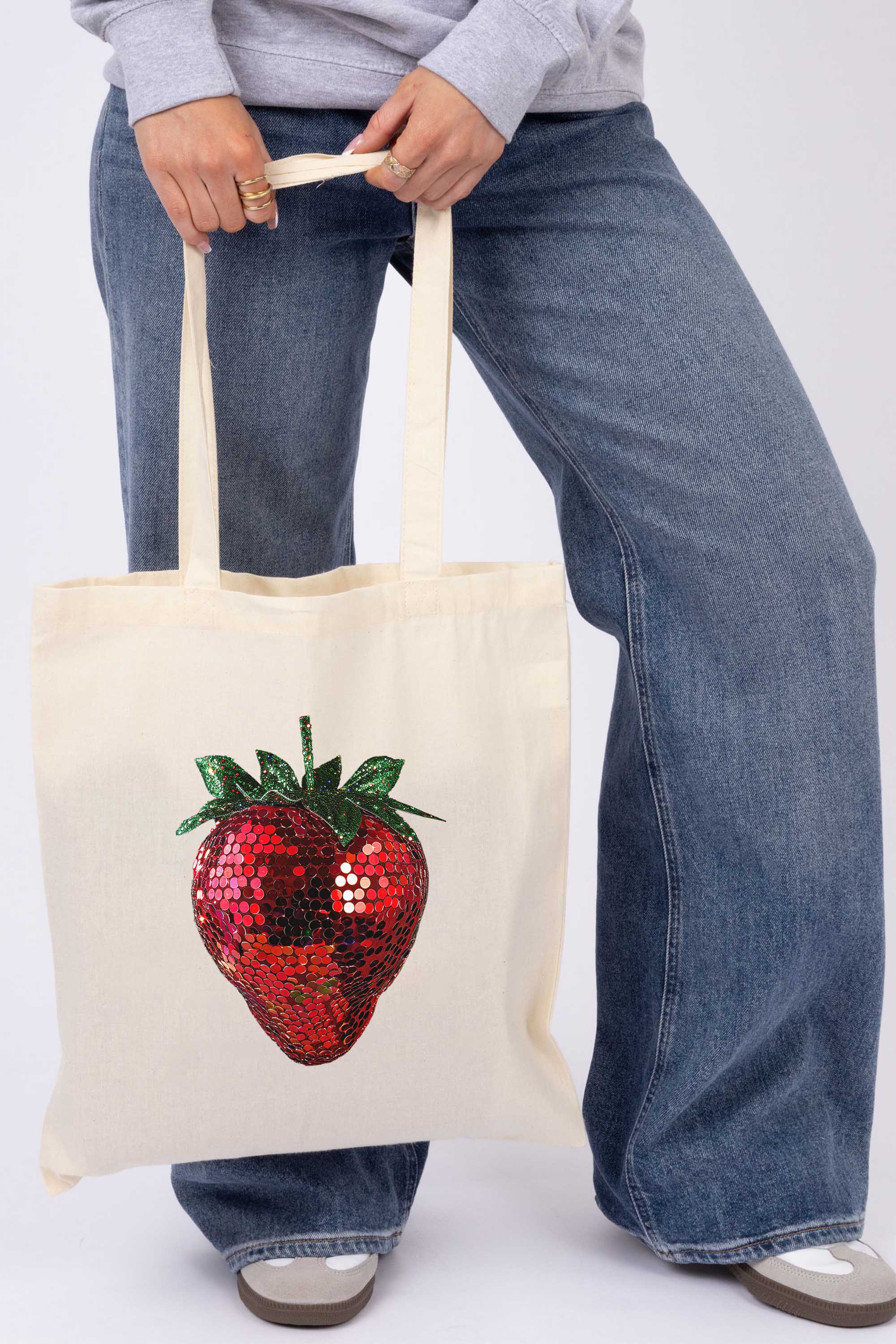 Disco Strawberry Graphic Printed Cotton Tote Bag