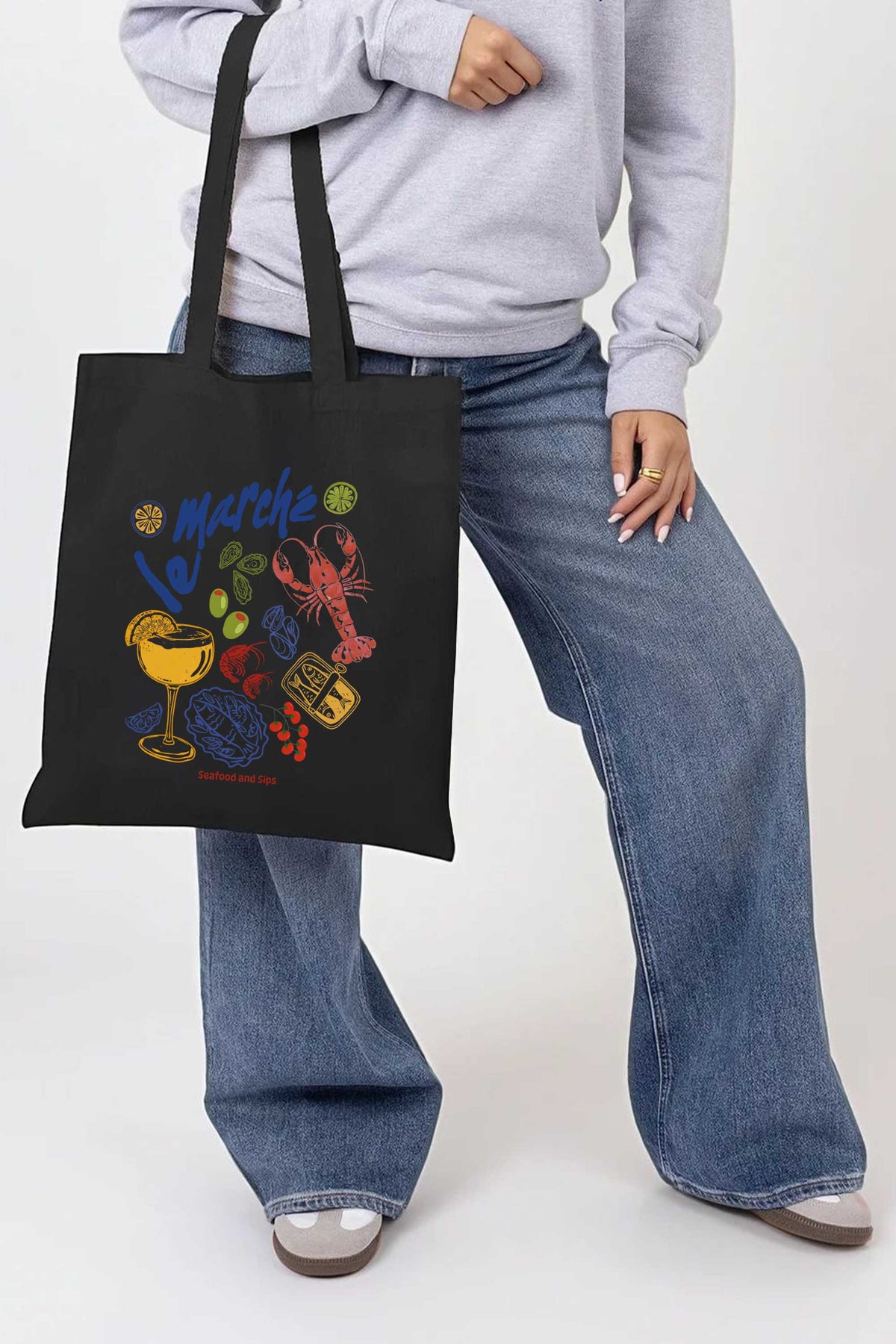 Vintage Seafood & Cocktails Graphic Printed Cotton Tote Bag