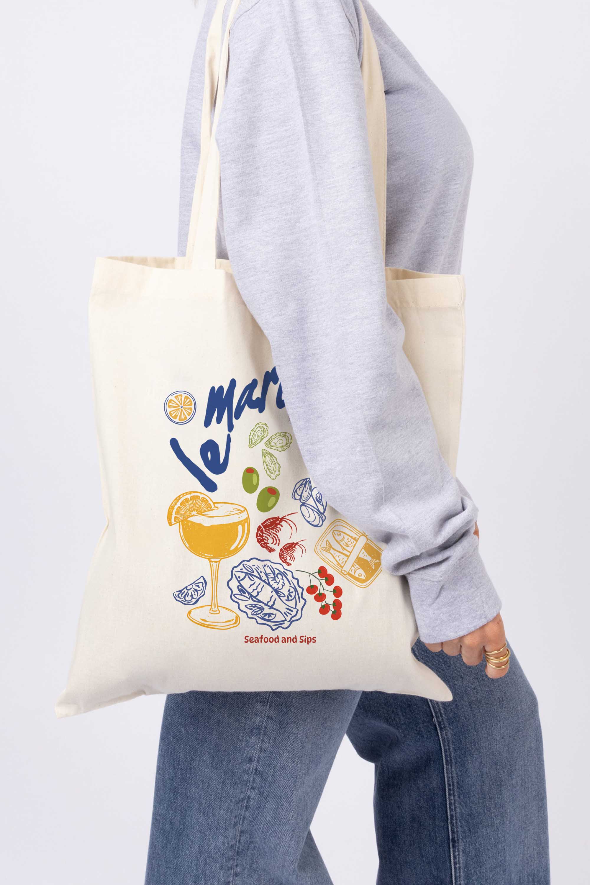 Vintage Seafood & Cocktails Graphic Printed Cotton Tote Bag