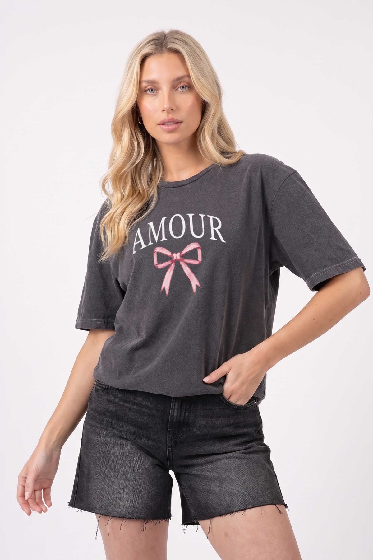 Regular Fit Acid Washed T-shirt in Amour Bow Print