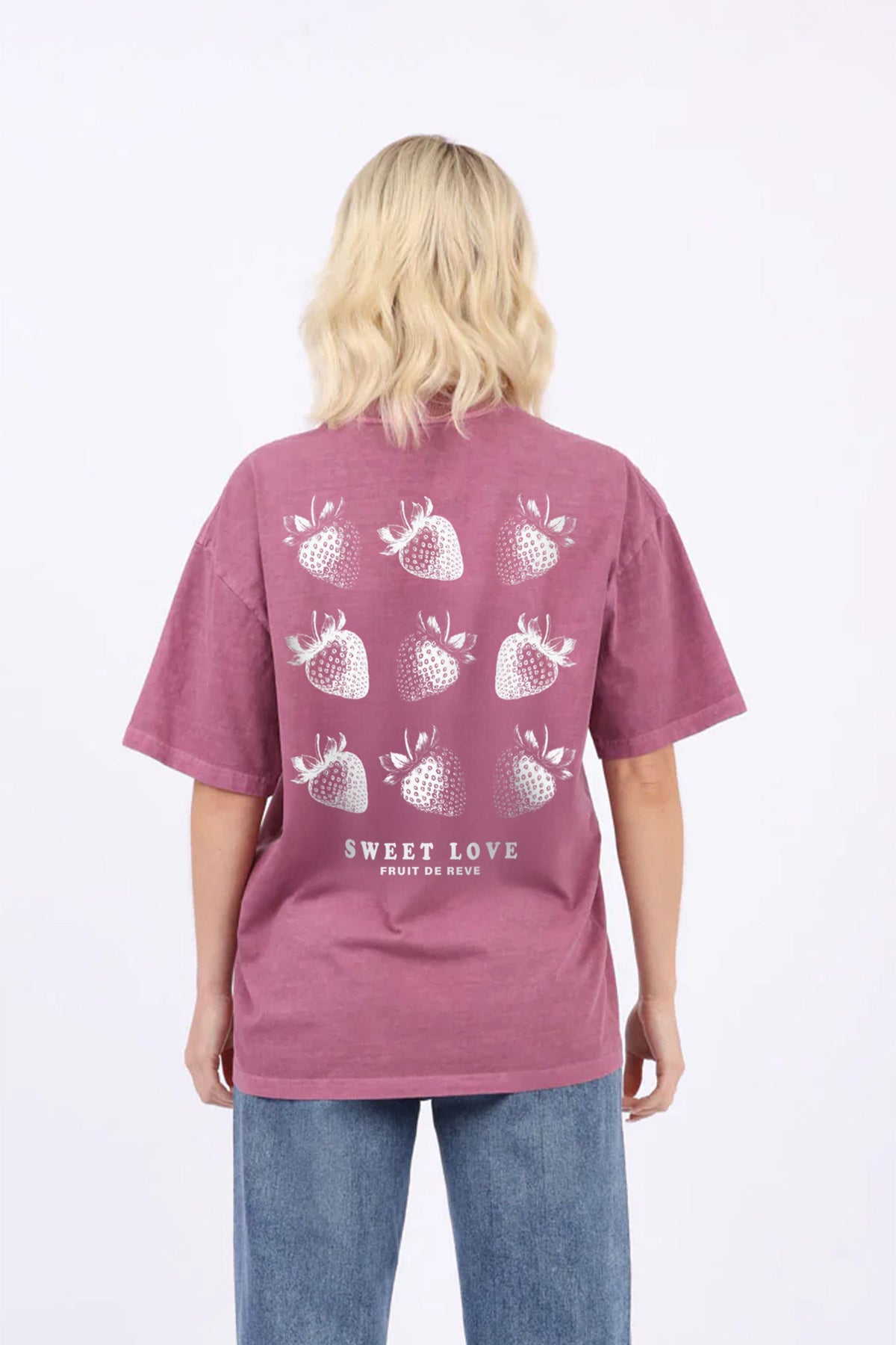 220GSM Oversized Acid Washed T-Shirt In Sweet Love Strawberries Print