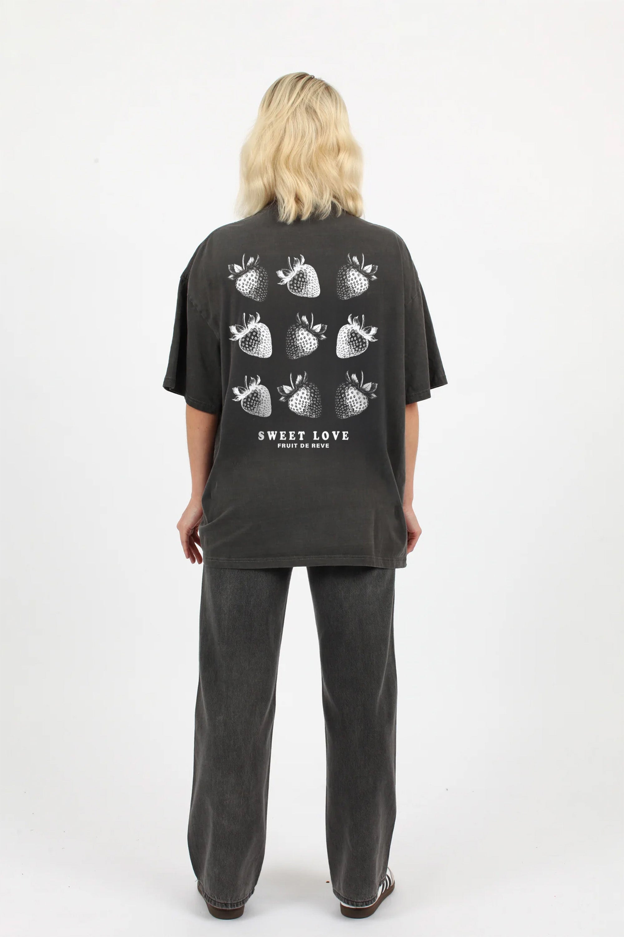 220GSM Oversized Acid Washed T-Shirt In Sweet Love Strawberries Print