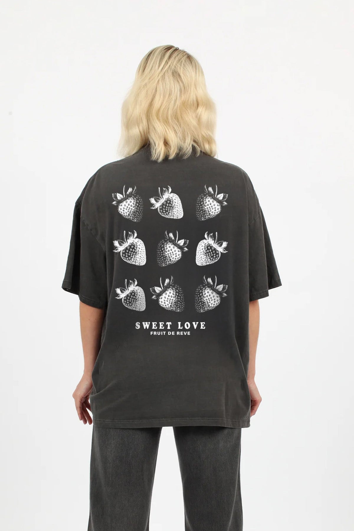 220GSM Oversized Acid Washed T-Shirt In Sweet Love Strawberries Print