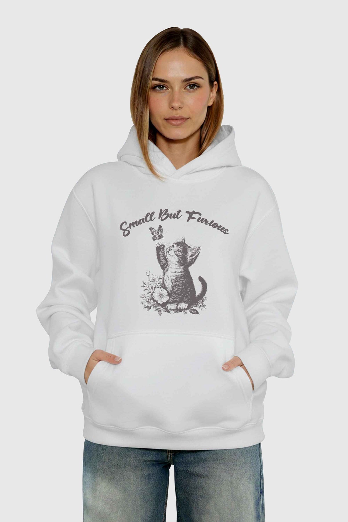 Unisex 280GSM Blended Small But Furious Cat Printed Hoodie
