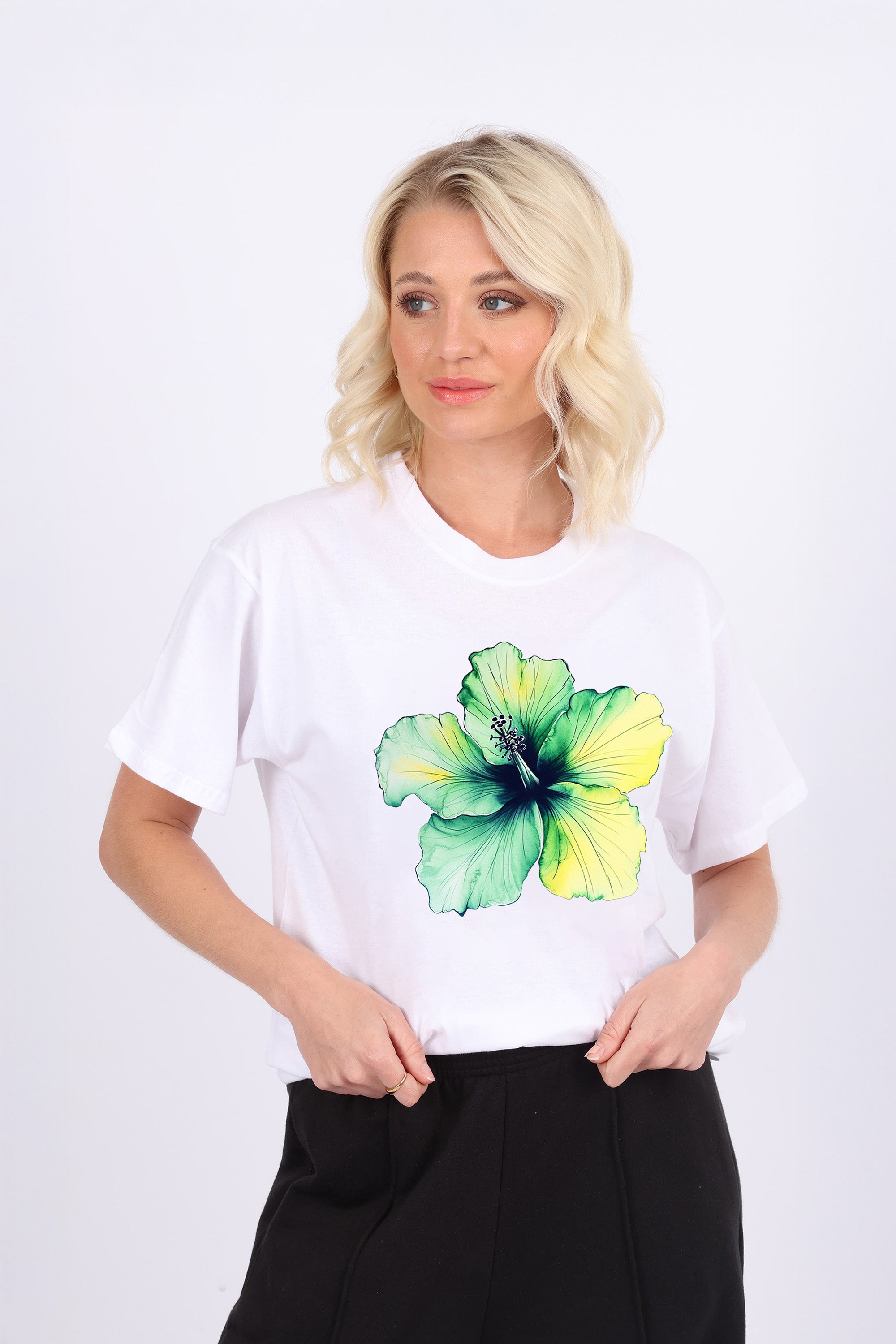 Tropical Green Hibiscus Floral Printed T-shirt (Custom Pack)