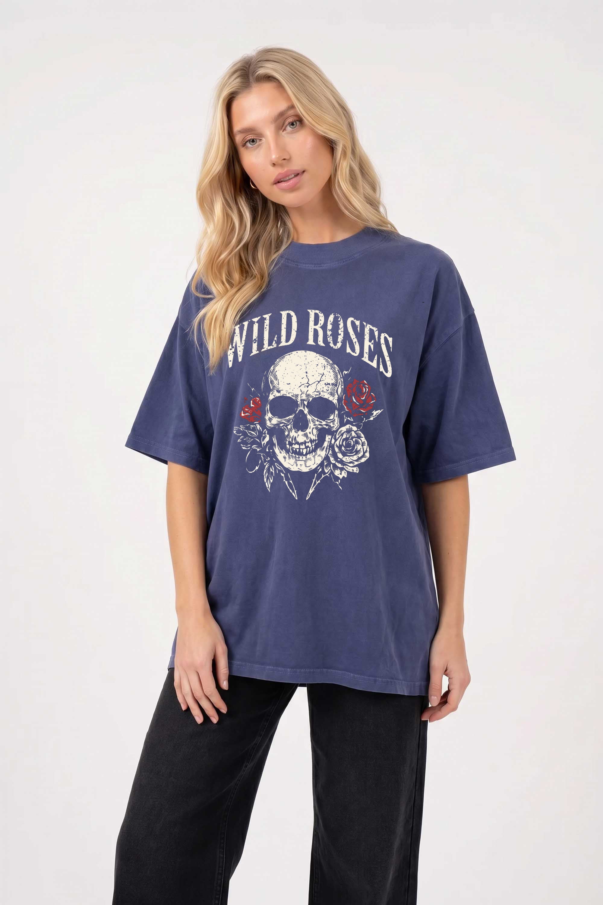 220GSM Oversized Acid Washed T-shirt in Wild Roses Skull Print
