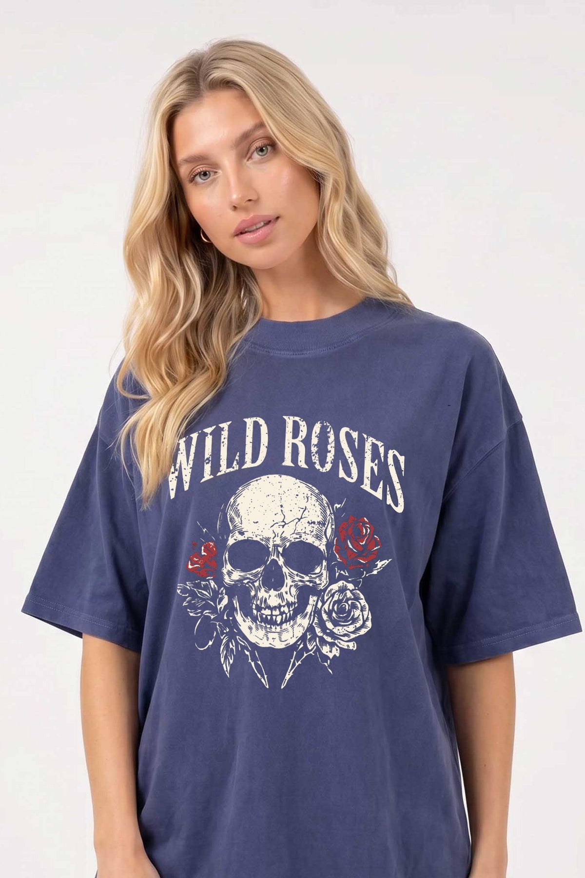 220GSM Oversized Acid Washed T-shirt in Wild Roses Skull Print