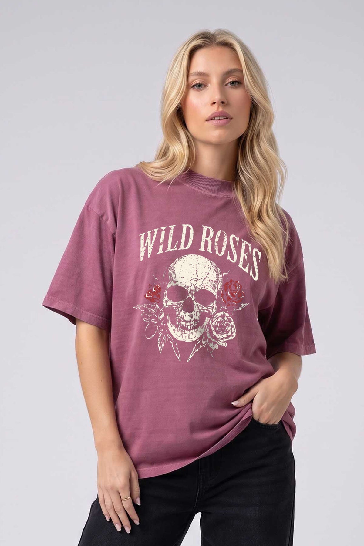 220GSM Oversized Acid Washed T-shirt in Wild Roses Skull Print