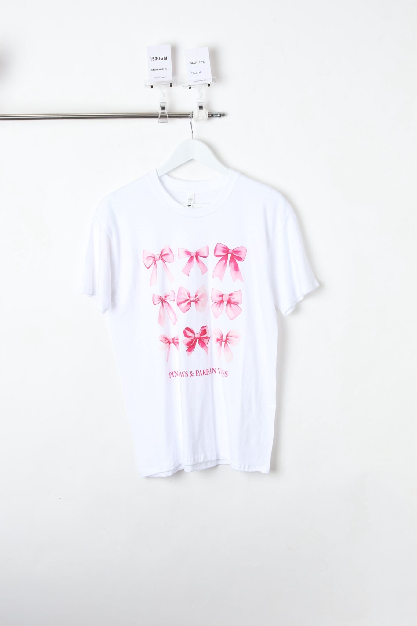 150 GSM Standard fit Bows and Parisian Printed White T-Shirt (Size M) – Sample