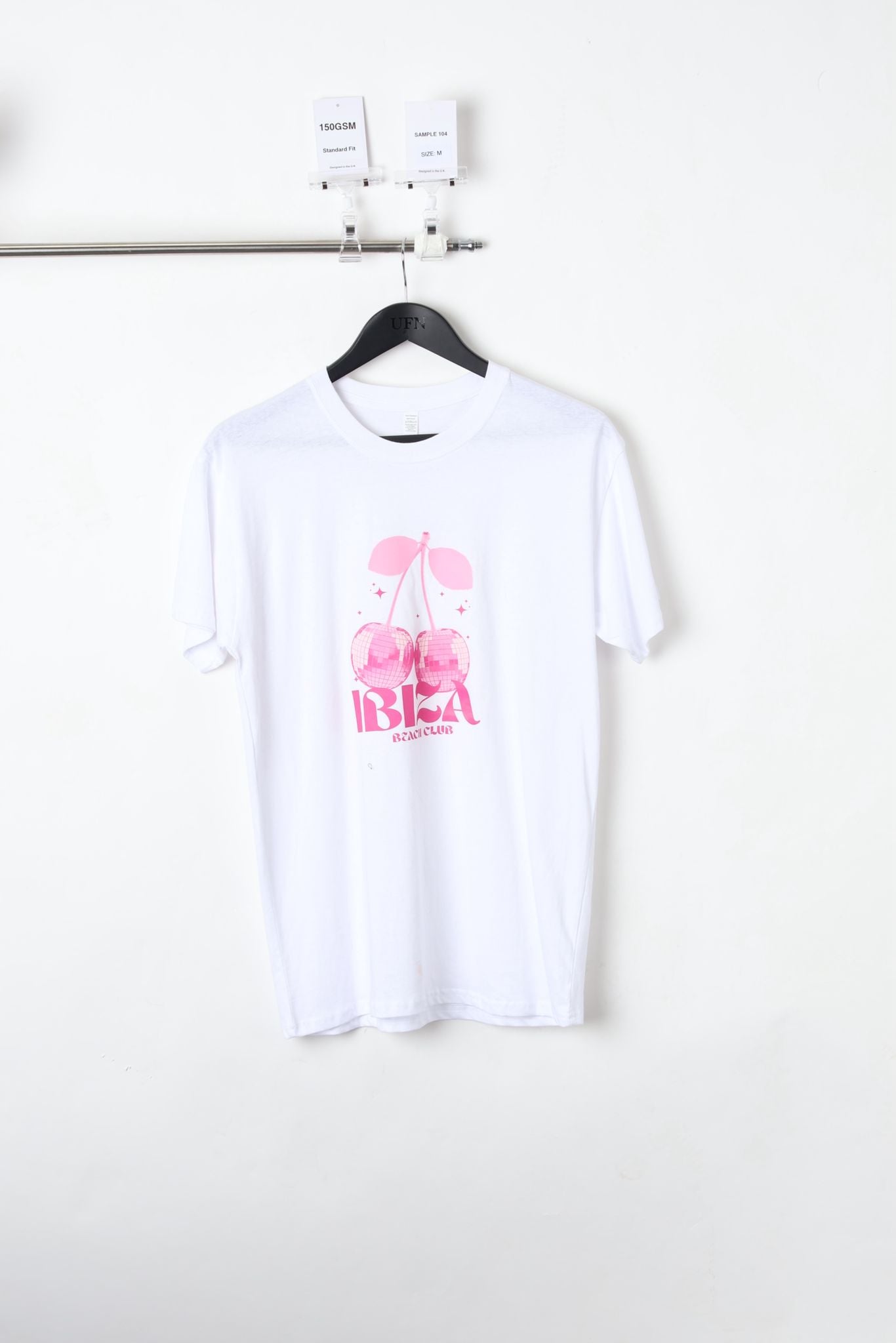 150 GSM Standard Ibiza Club Disco Cherry Printed White T-Shirt (Size M) – Sample