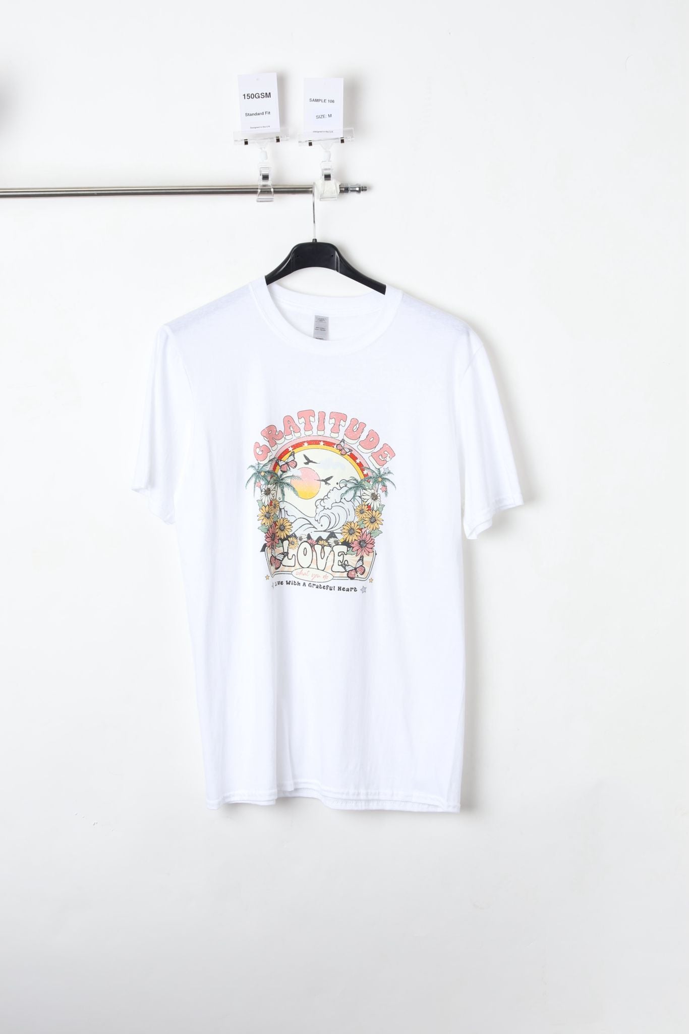 150 GSM Standard Fit Gratitude Love Printed White T-Shirt (Size M) – Sample