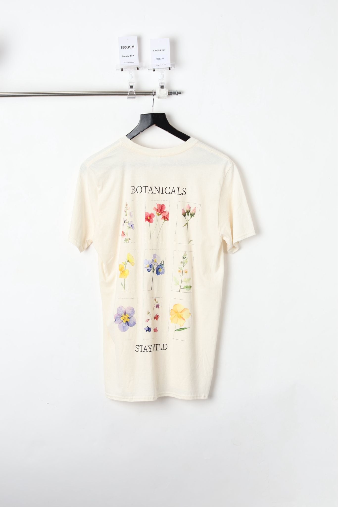150 GSM Standard Fit Botanical Watercolour Floral Grid Natural T-Shirt (Size M) – Sample