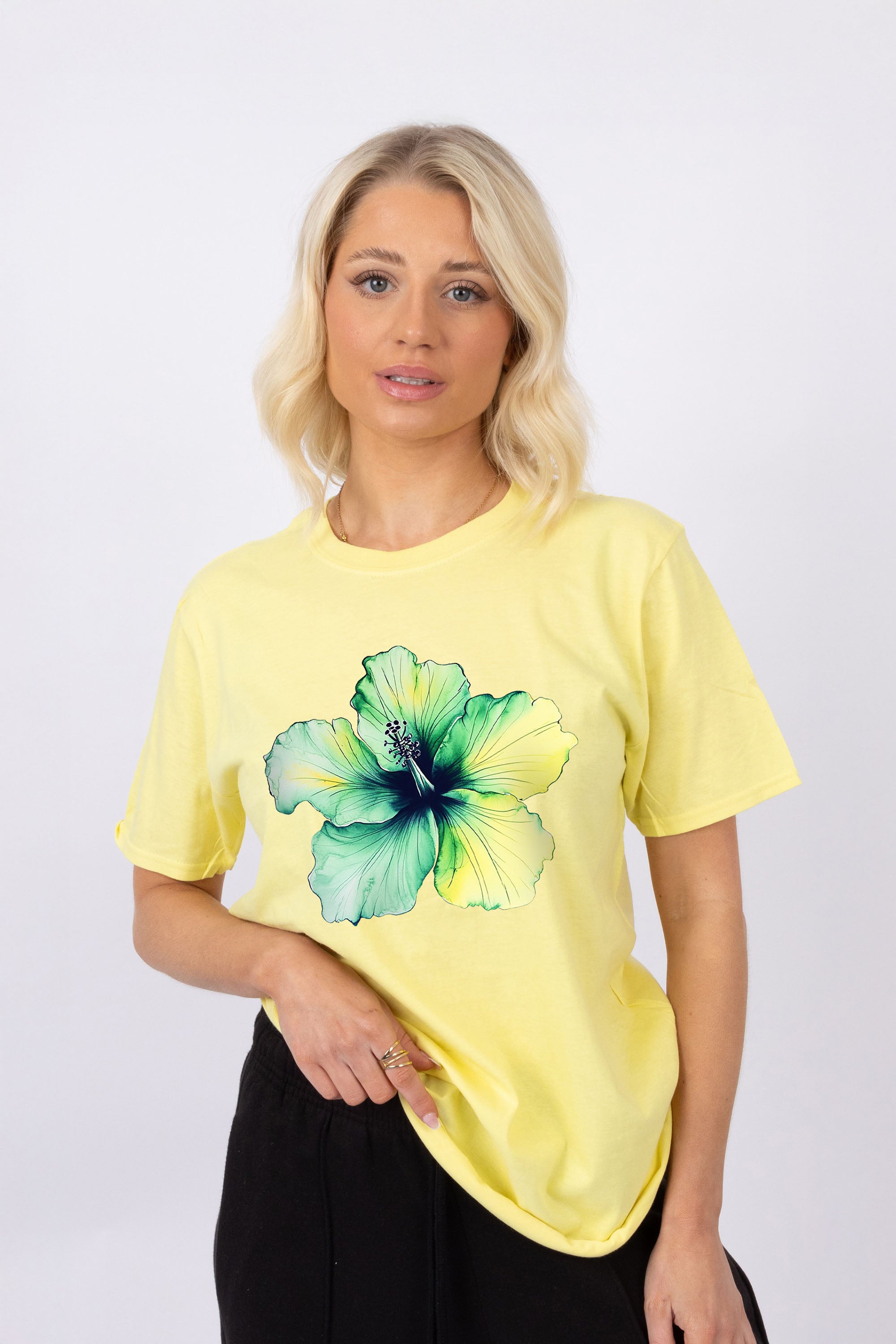 Tropical Green Hibiscus Floral Printed T-shirt (Custom Pack)