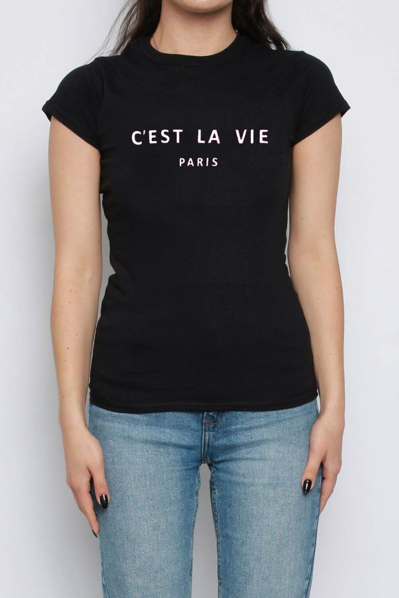 C'est La Vie Paris Slogan Fitted T-Shirt (Pack of 6)