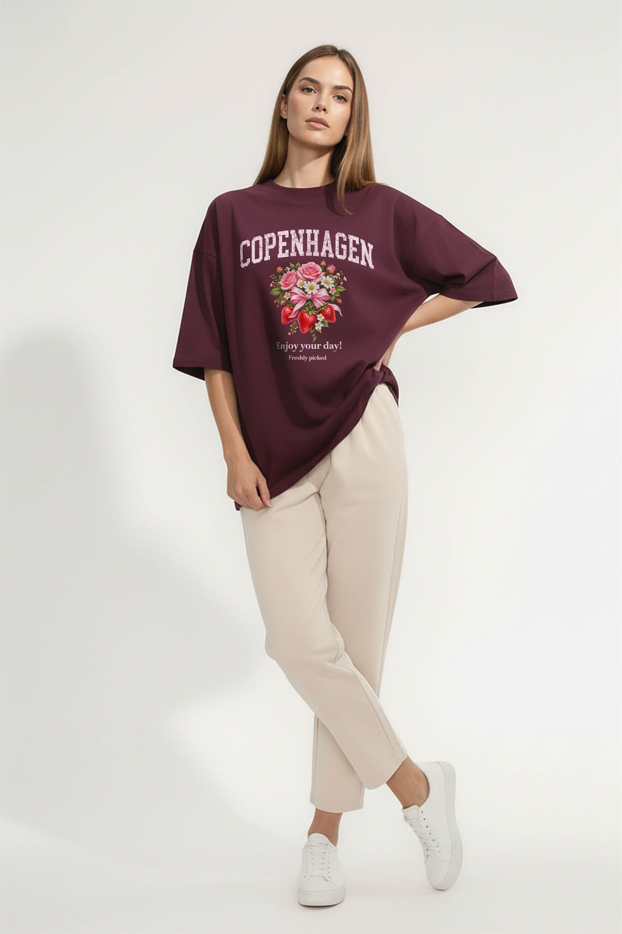 220GSM Oversized T-Shirt in Copenhagen Strawberry Floral Print