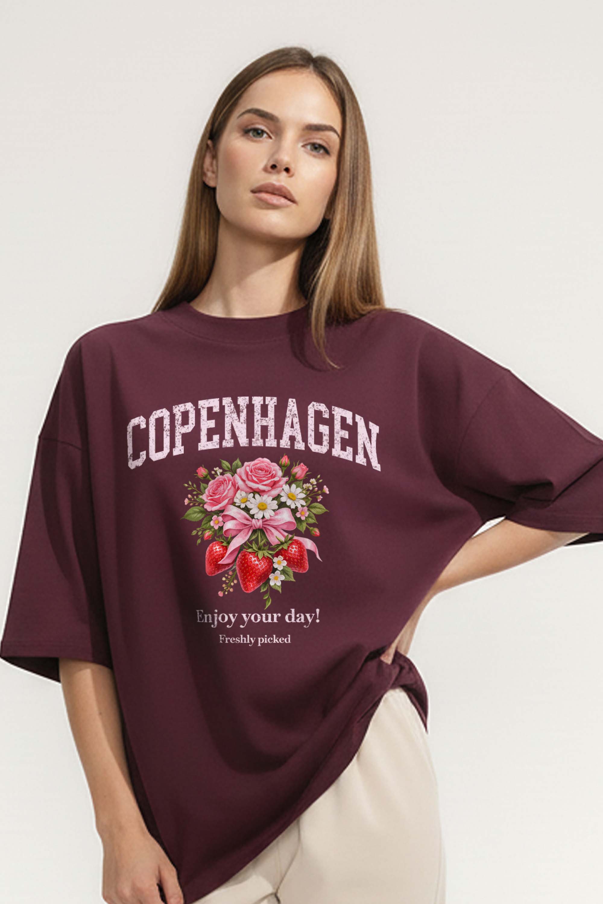 220GSM Oversized T-Shirt in Copenhagen Strawberry Floral Print
