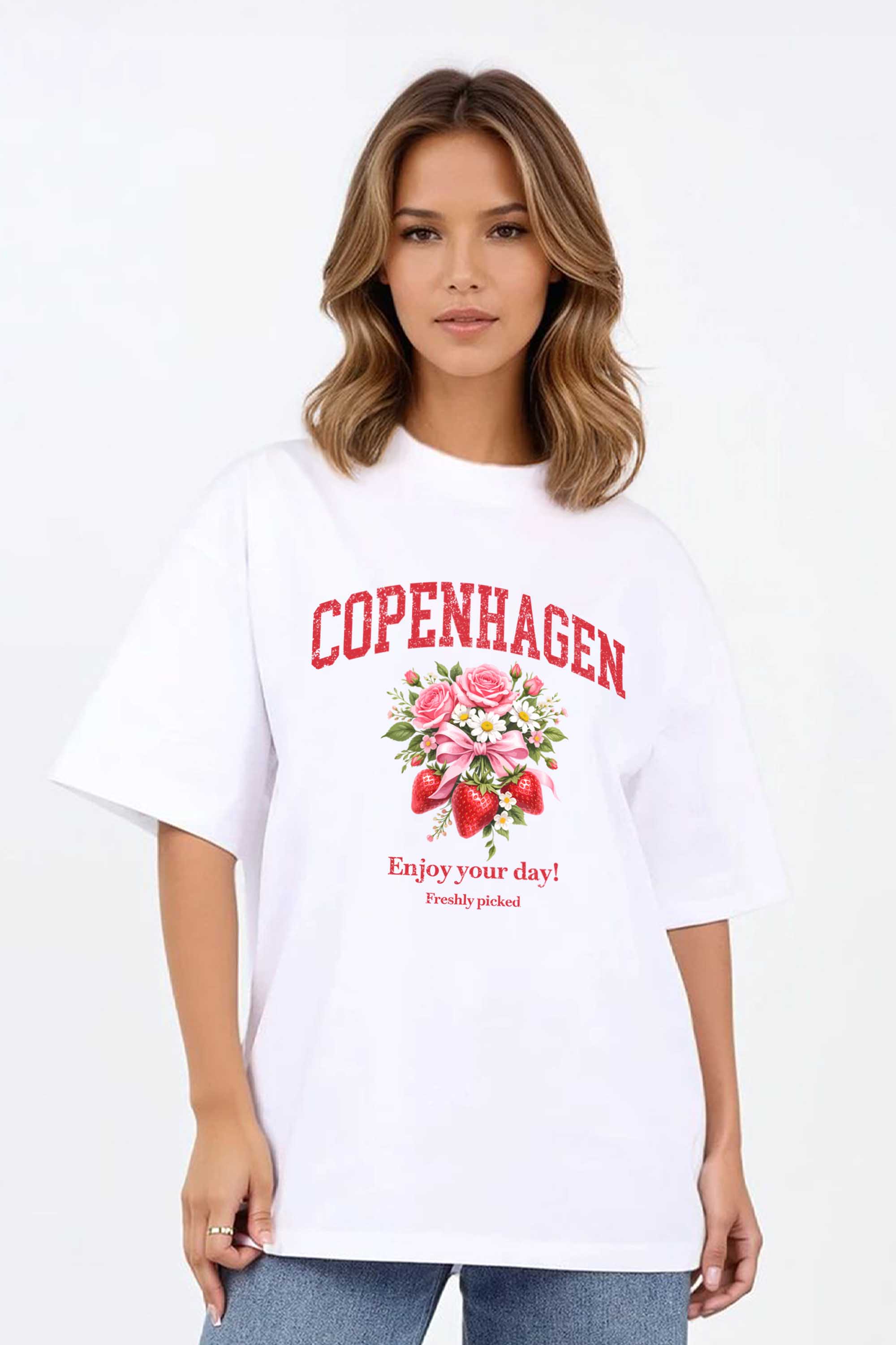 220GSM Oversized T-Shirt in Copenhagen Strawberry Floral Print