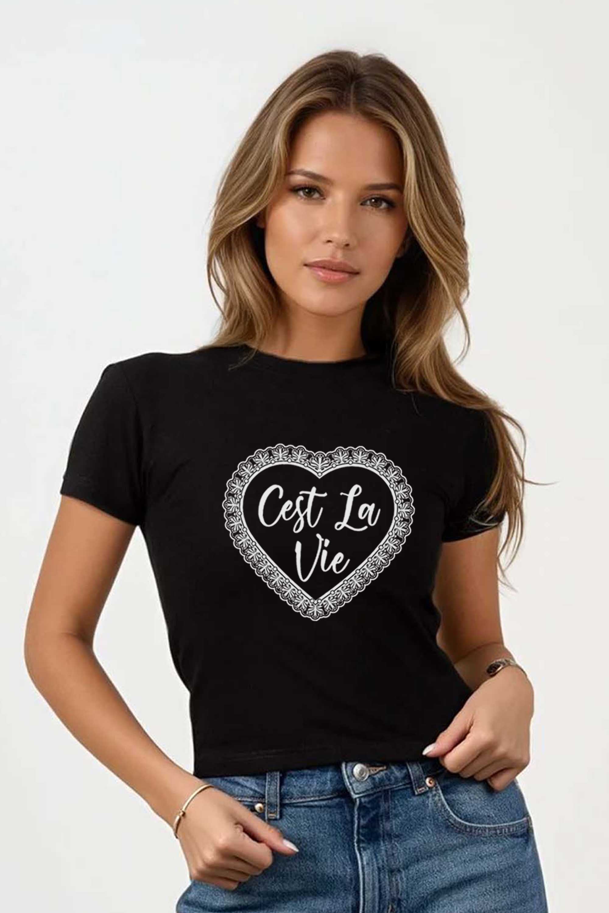 220GSM C’est La Vie Lace Heart Printed Baby Tee