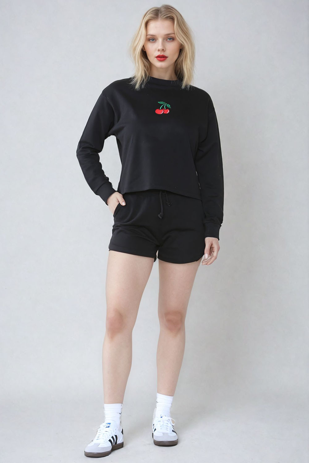 Cherry Embroidered Sweatshirt & Shorts Set (Pack Of 6 Sets)